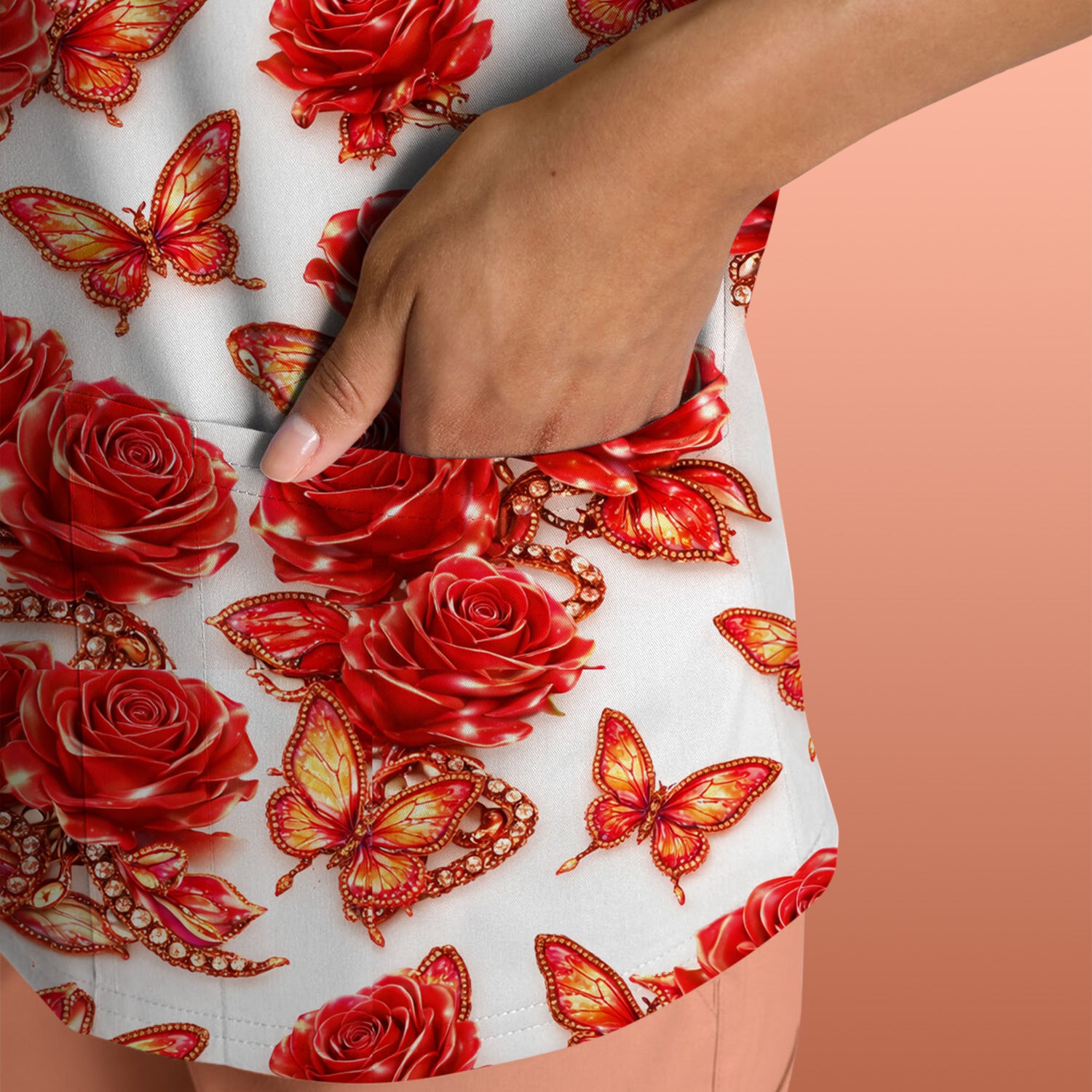 Red Rose and Butterfly Pattern Scrub Top, Comfortable Scrubs for Nurses