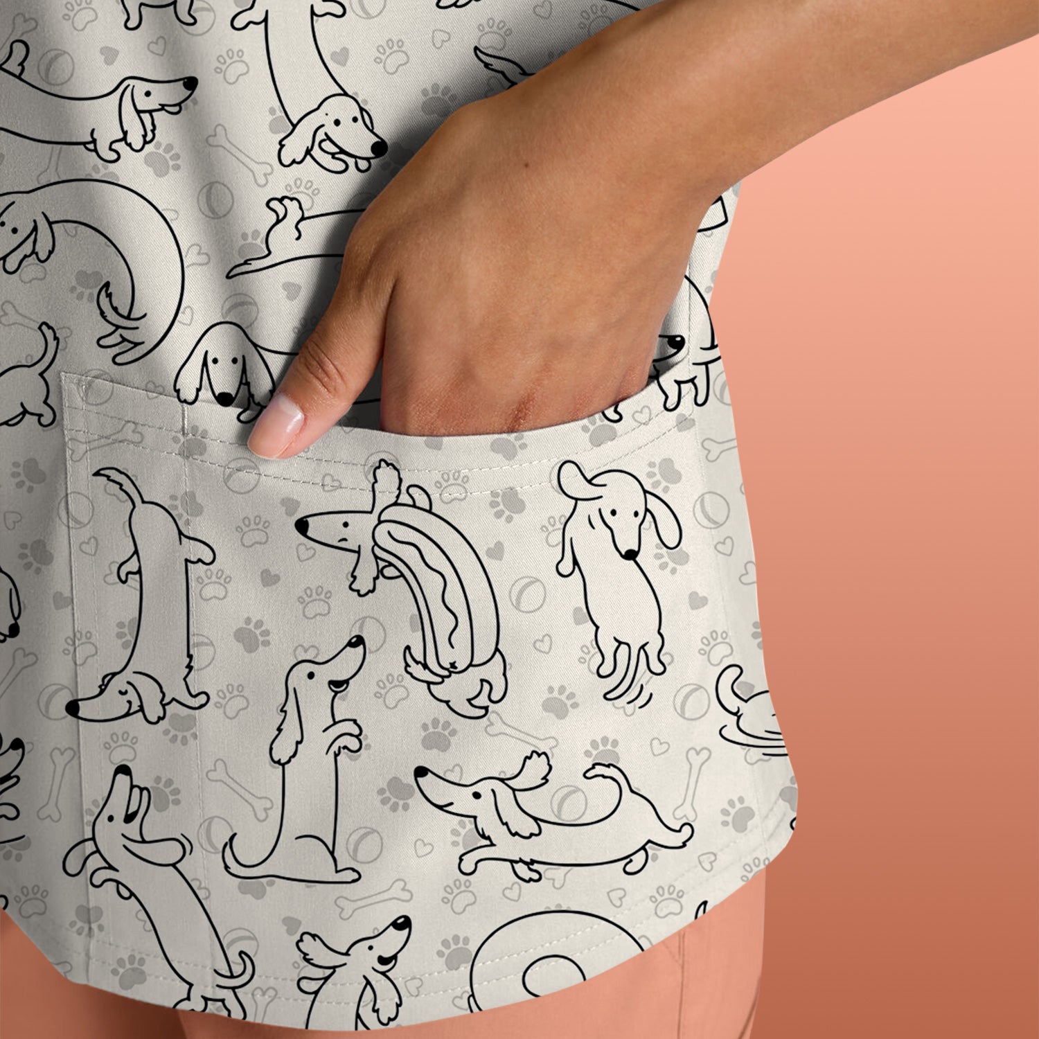 Playful Dachshund Dog Line Art Print Scrub Top, Comfortable Scrubs for Nurses