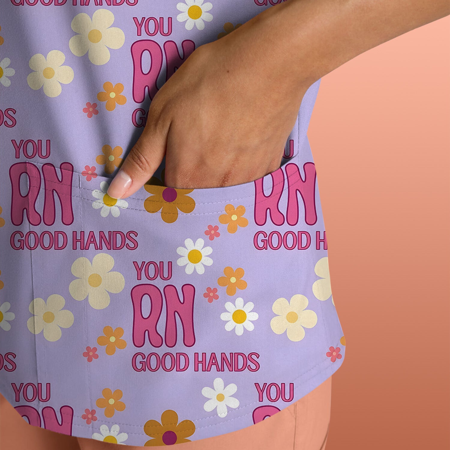 You RN Good Hands Floral Daisy Pattern Scrub Top, Comfortable Scrubs for Nurses