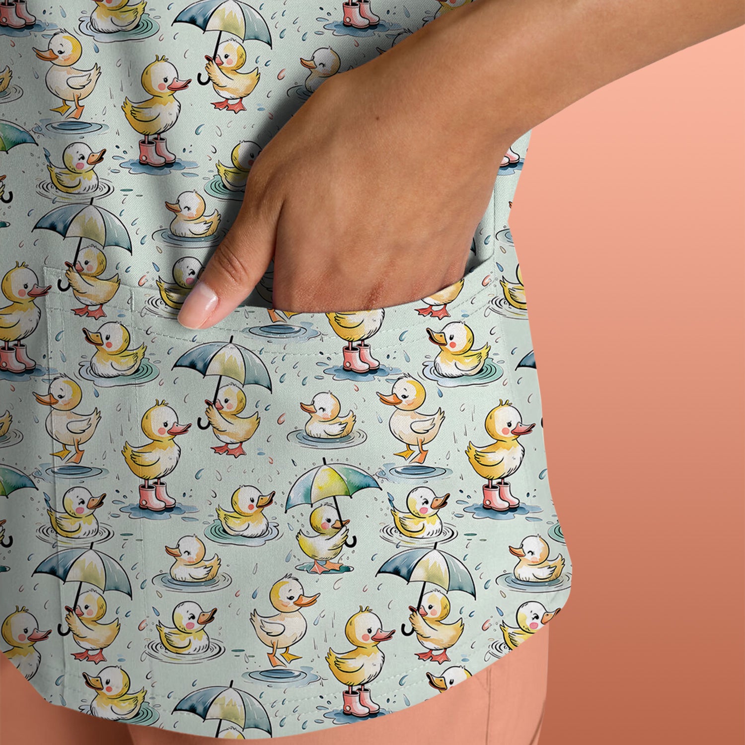 Playful Duck Rain Umbrella Print Nurse Scrub Top, Breathable Fabrics Nursing Uniform