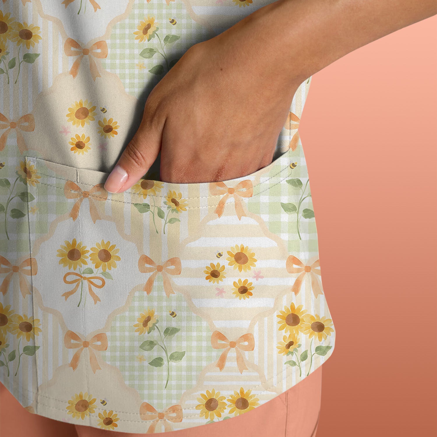 Cute Sunflower Ribbon Patchwork Pattern Scrub Top, Comfortable Scrubs for Nurses