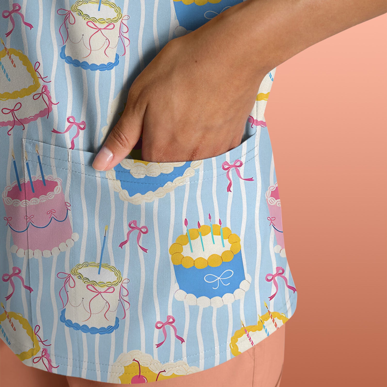 Coquette Cake Bow Stripe Pattern Scrub Top, Nursing Uniform for Women
