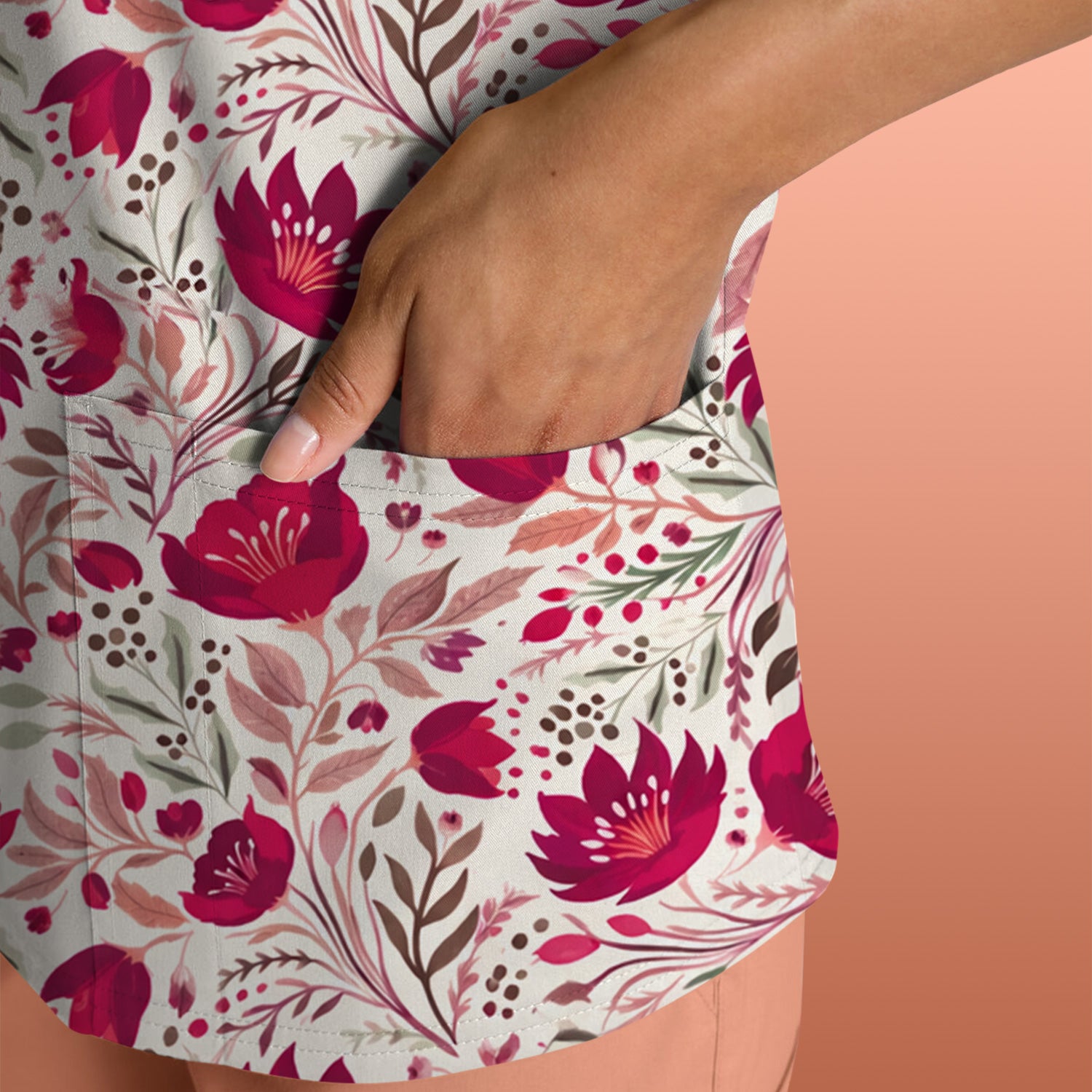 Elegant Floral Botanical Pattern Scrub Top, Breathable Fabrics Nursing Uniform