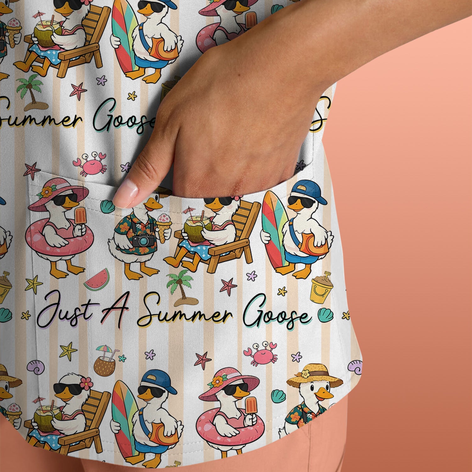 Summer Beach Goose Vacation Pattern Scrub Top, Comfortable Scrubs for Nurses
