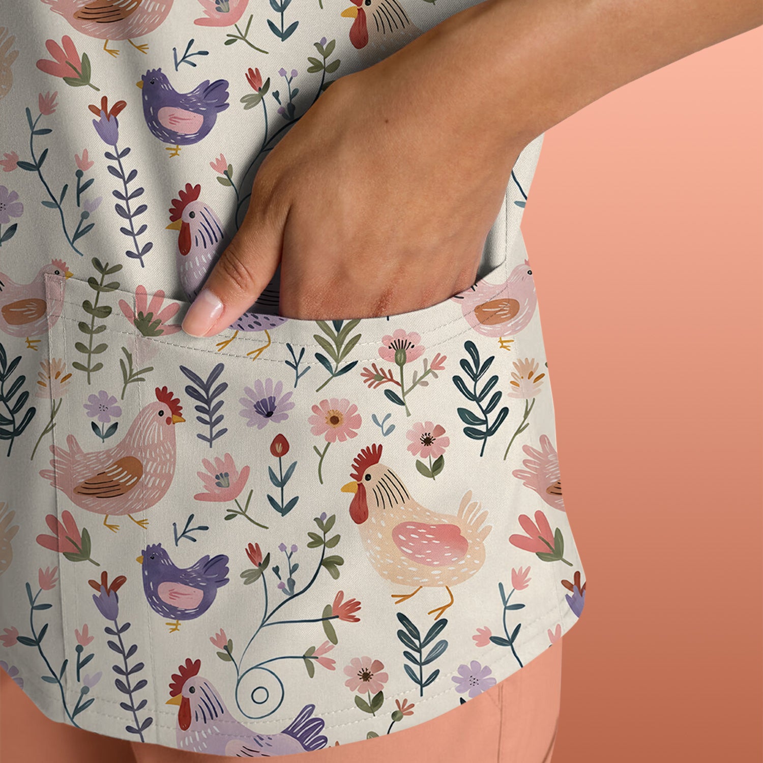 Cute Farm Chicken Floral Garden Pattern Scrub Top, Comfortable Scrubs for Nurses
