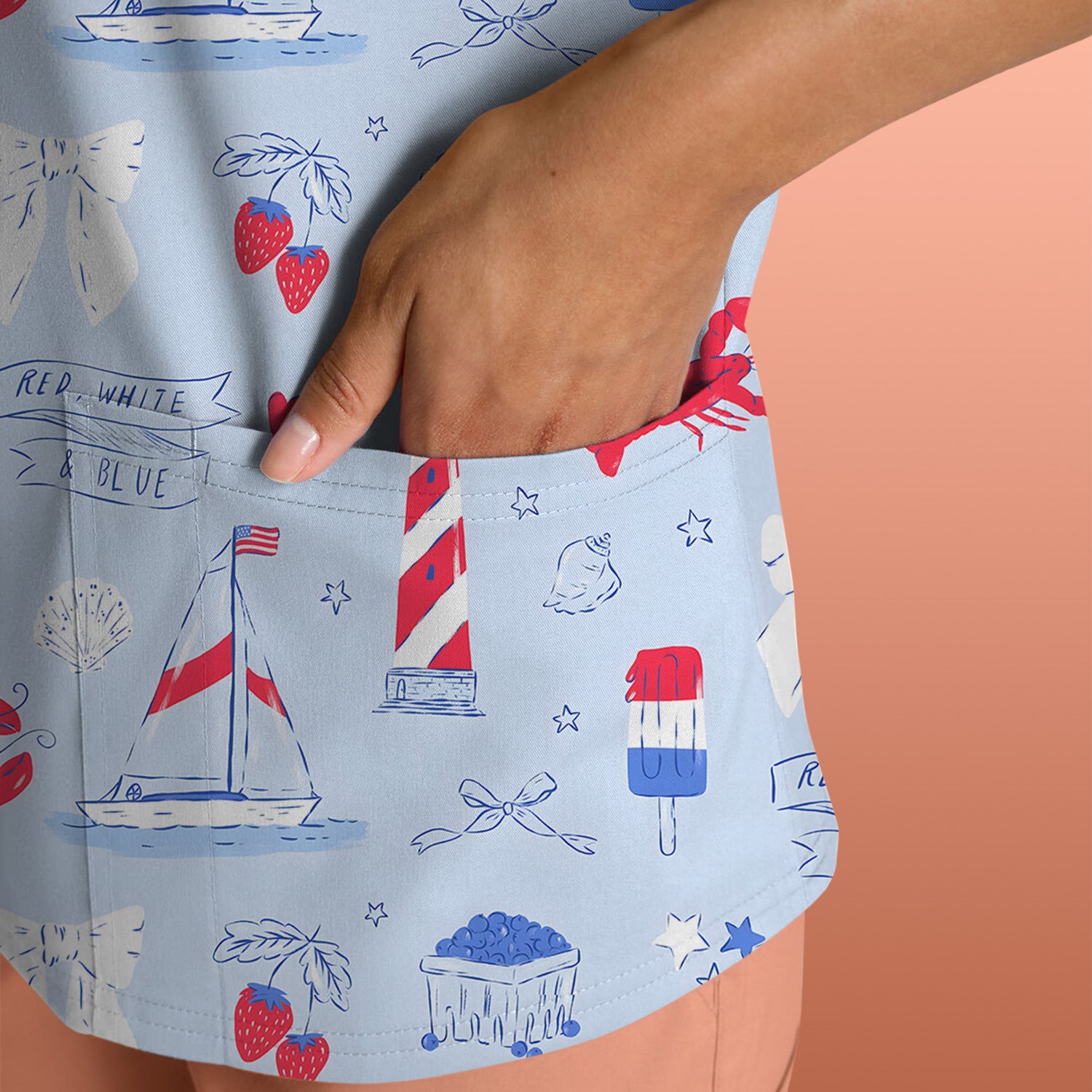 Lobster Lighthouse Sailboat Pattern Scrub Top, Comfortable Scrubs for Nurses