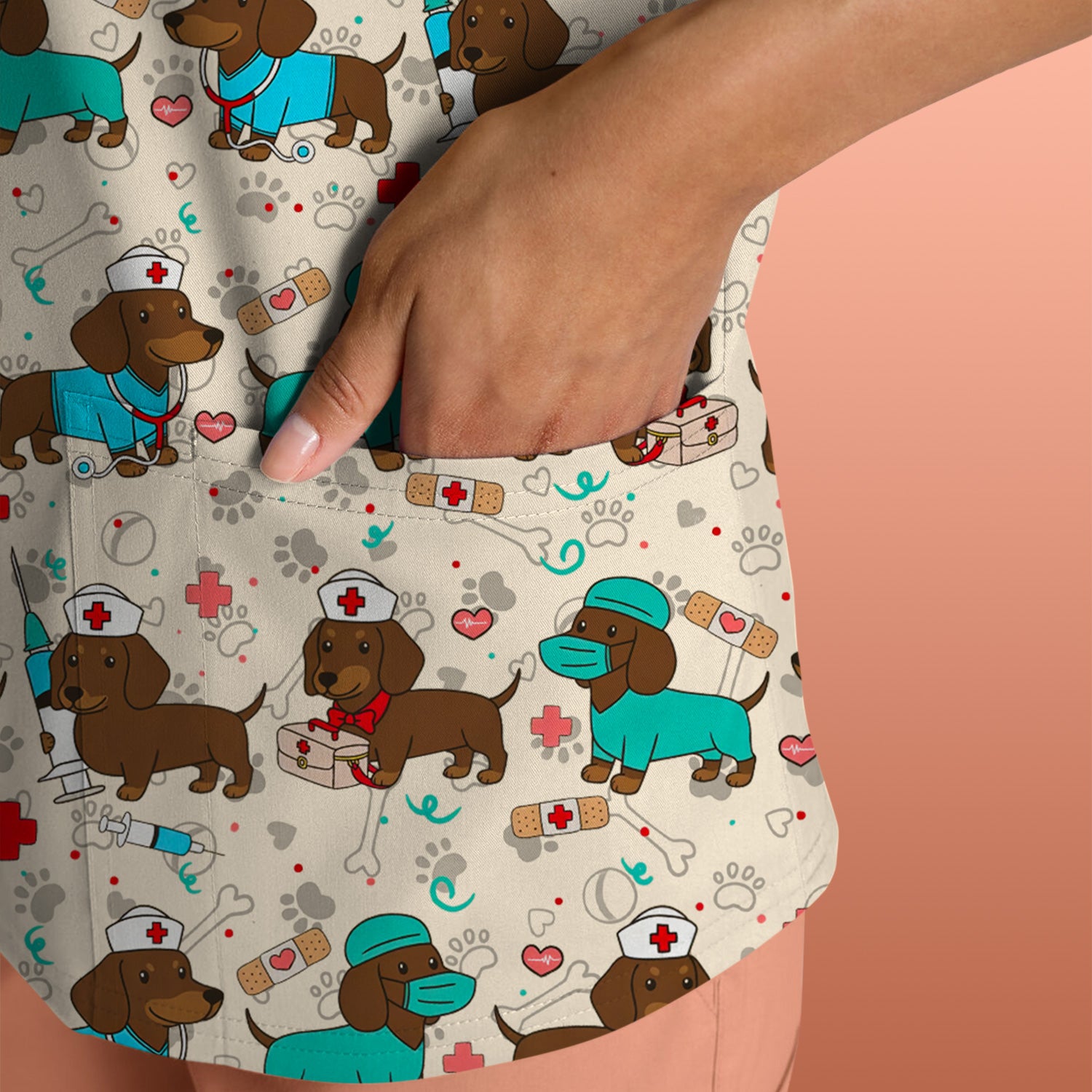 Cute Wiener Dog Dachshund Nurse Scrub Top, Funny Dachshund Dog Scrubs Shirt, Breathable Fabrics Nursing Uniform