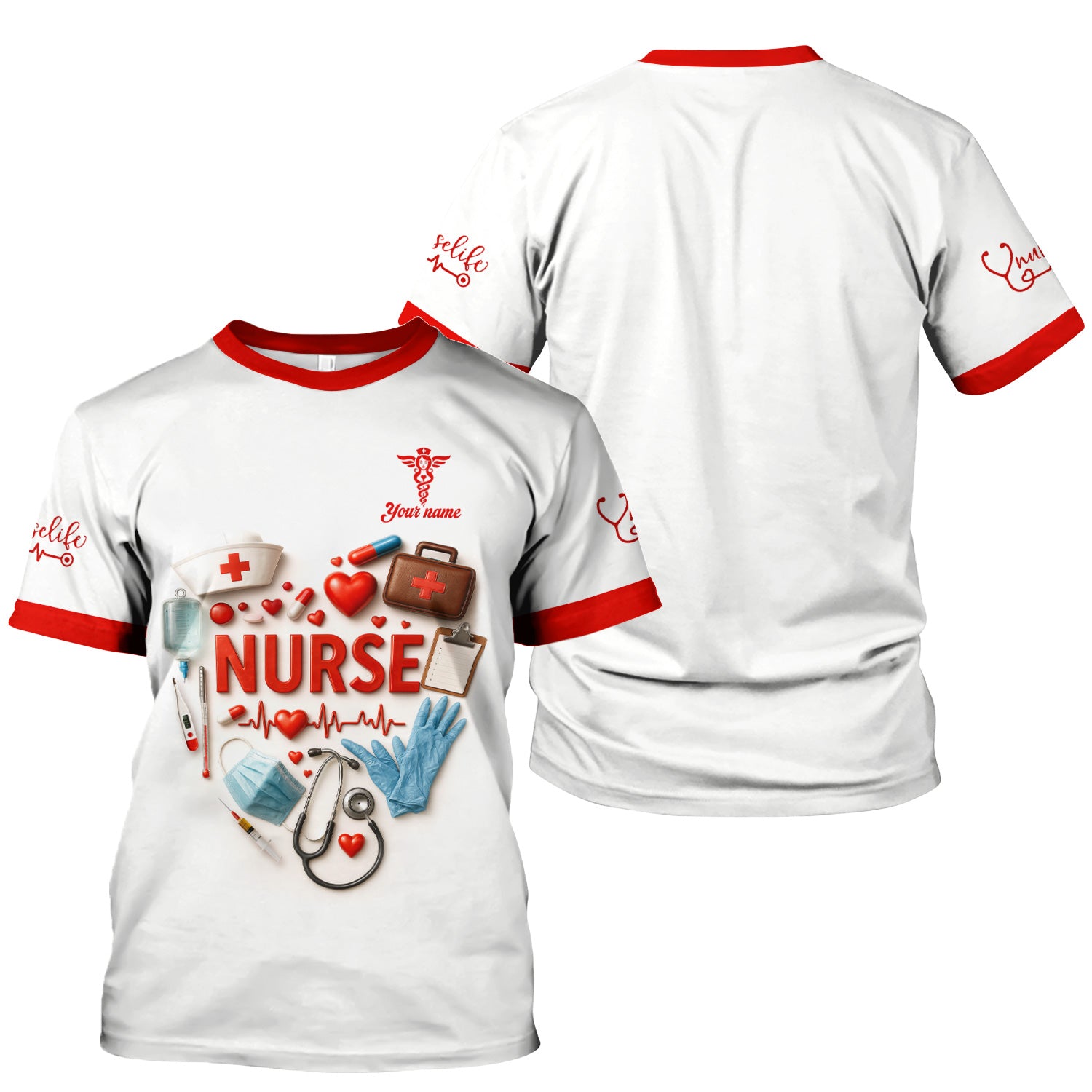 Custom Nurse Scrubs - Medical Tools & Heartbeat Graphic - Personalized Scrubs for RN CNA LPN Healthcare Workers