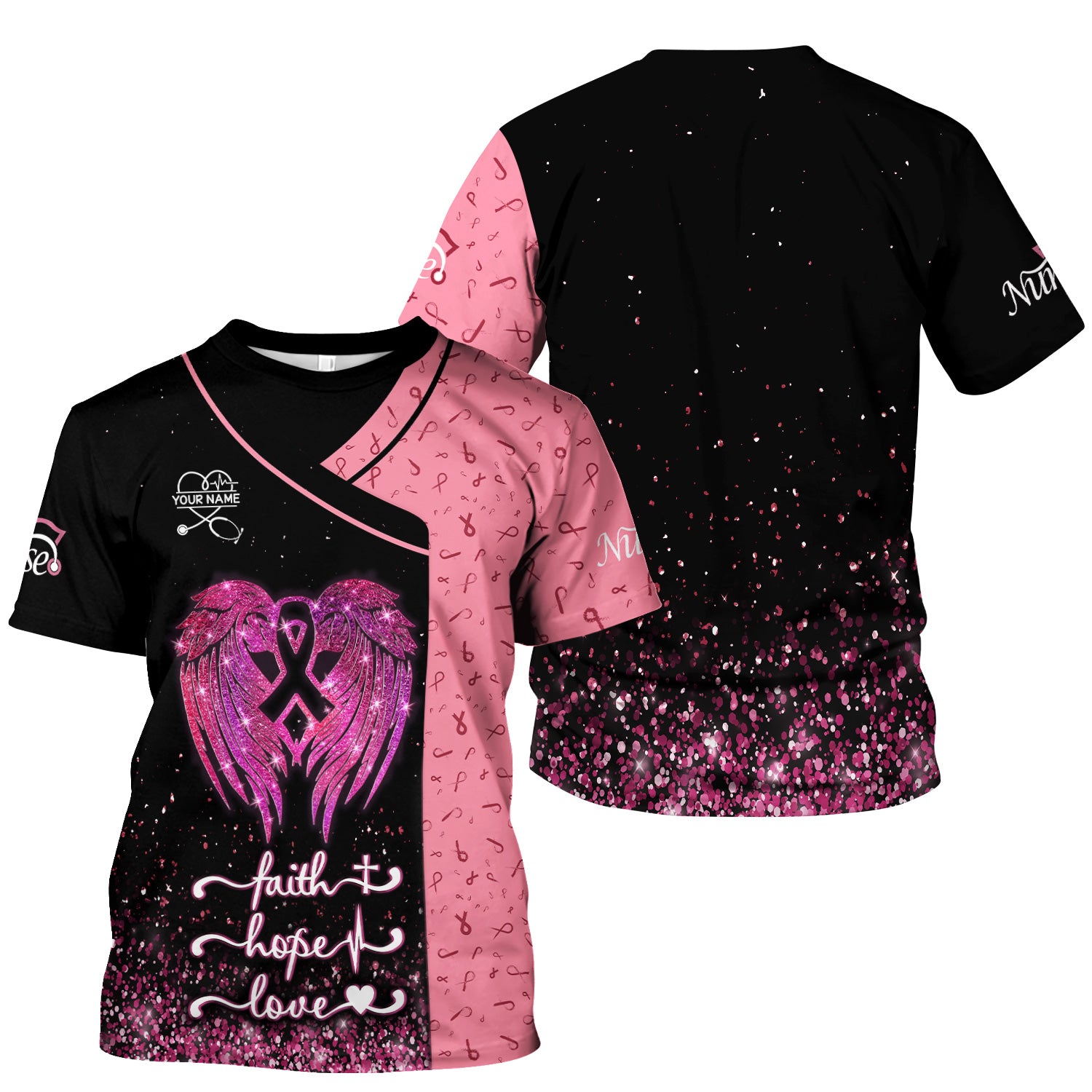 Custom Breast Cancer Warrior Shirt - Pink Glitter Angel Wings & Ribbon Graphic Tee - Gift for Nurse RN LPN CNA
