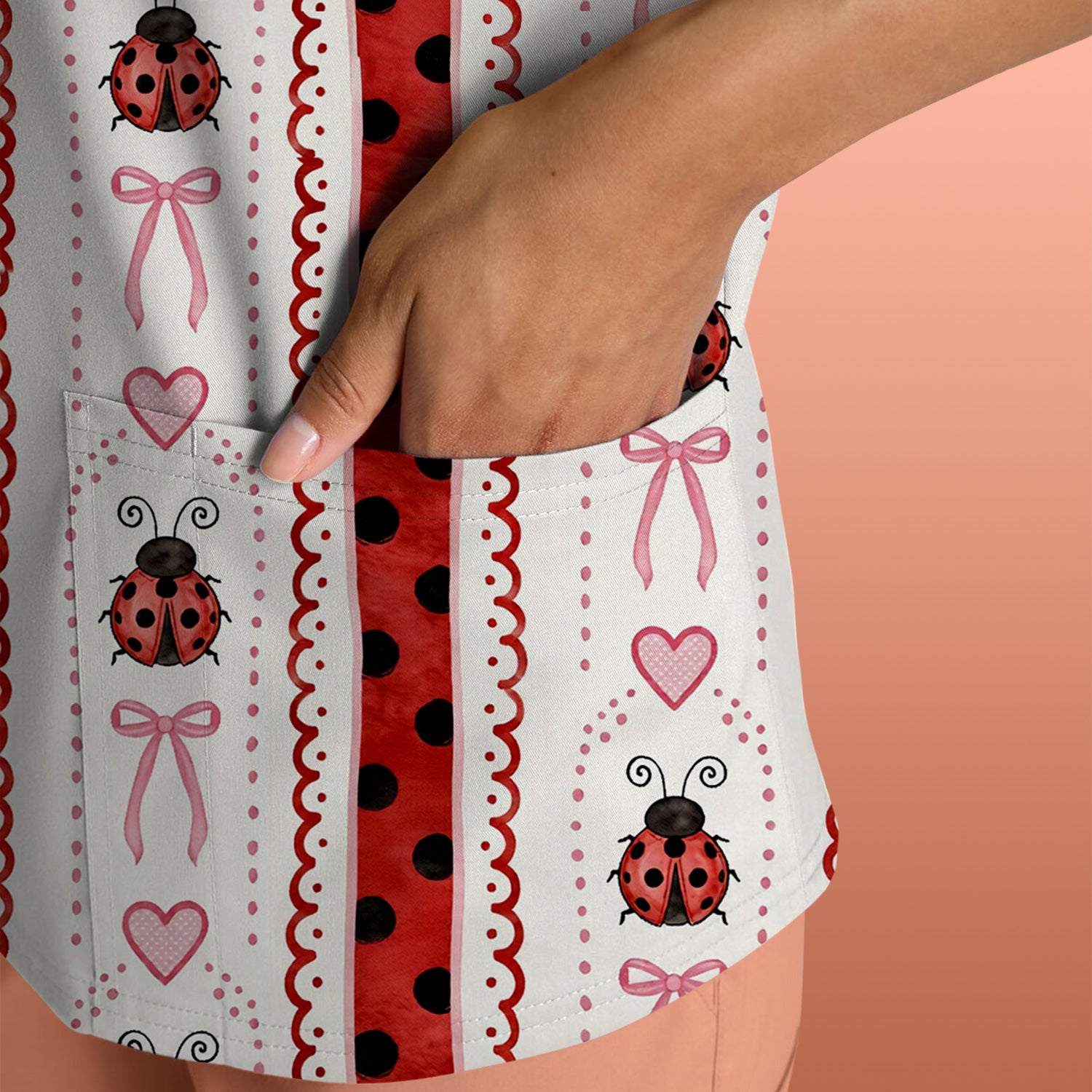 Cute Ladybug Heart Bow Stripe Pattern Scrub Top, Red Polka Dot Nurse Uniform