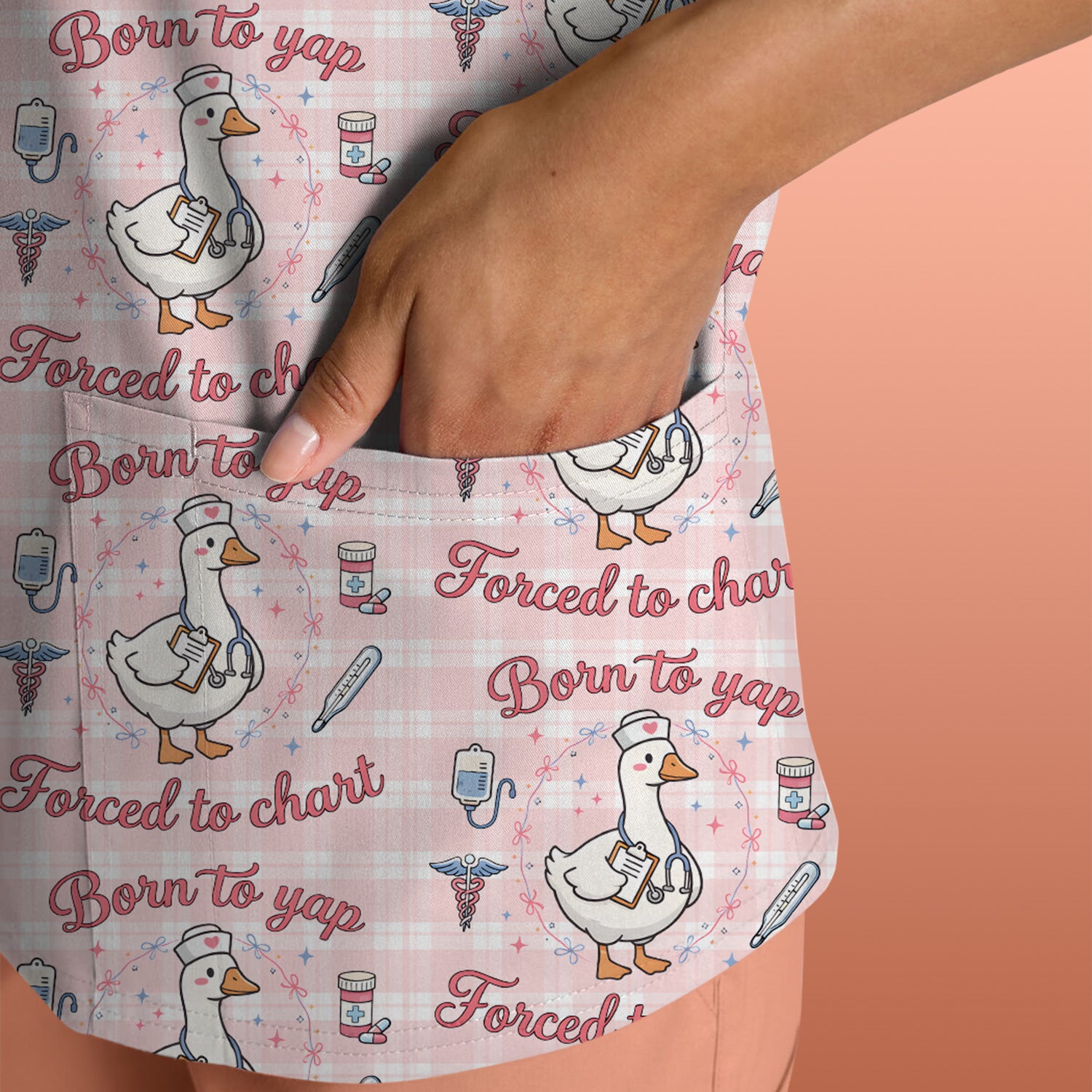 Funny Nurse Goose, Born To Yap Forced To Chart Pattern Scrub Top, Comfortable Scrubs for Nurses