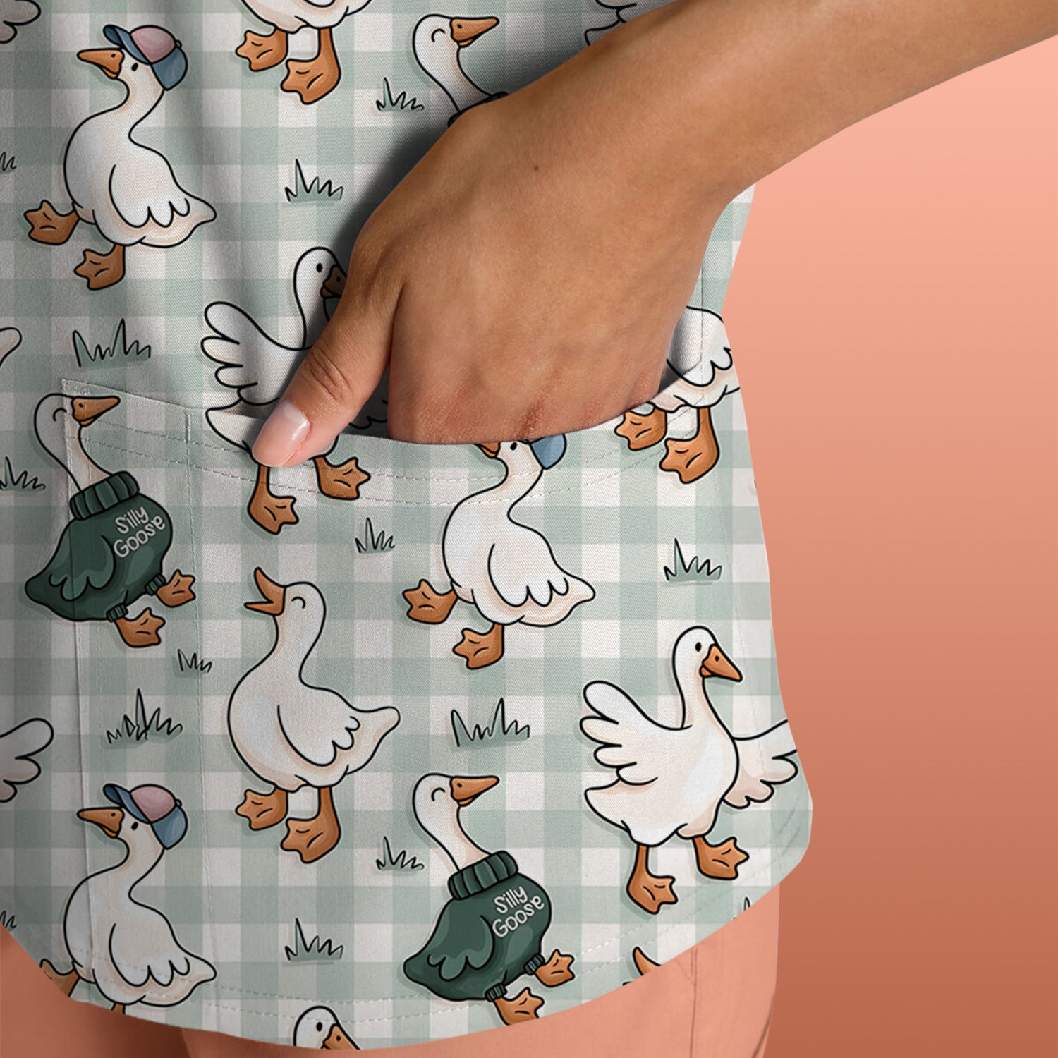 Funny Goose Wearing Sweater On Plaid Background Pattern Scrub Top, Comfortable Scrubs for Nurses