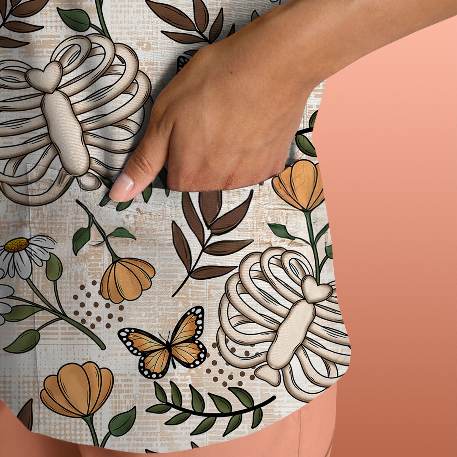 Skeleton Ribcage With Daisy And Butterfly Floral Scrub Top, Breathable Fabrics Nursing Uniform
