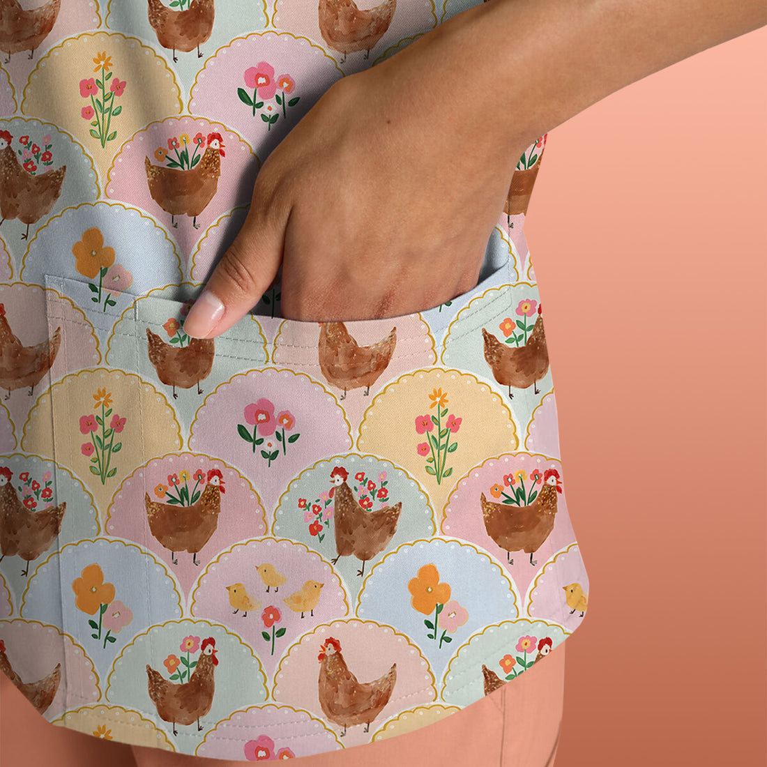 Pastel Chicken With Floral Scrub Top, Cute Chicken Nursing Uniform For Women