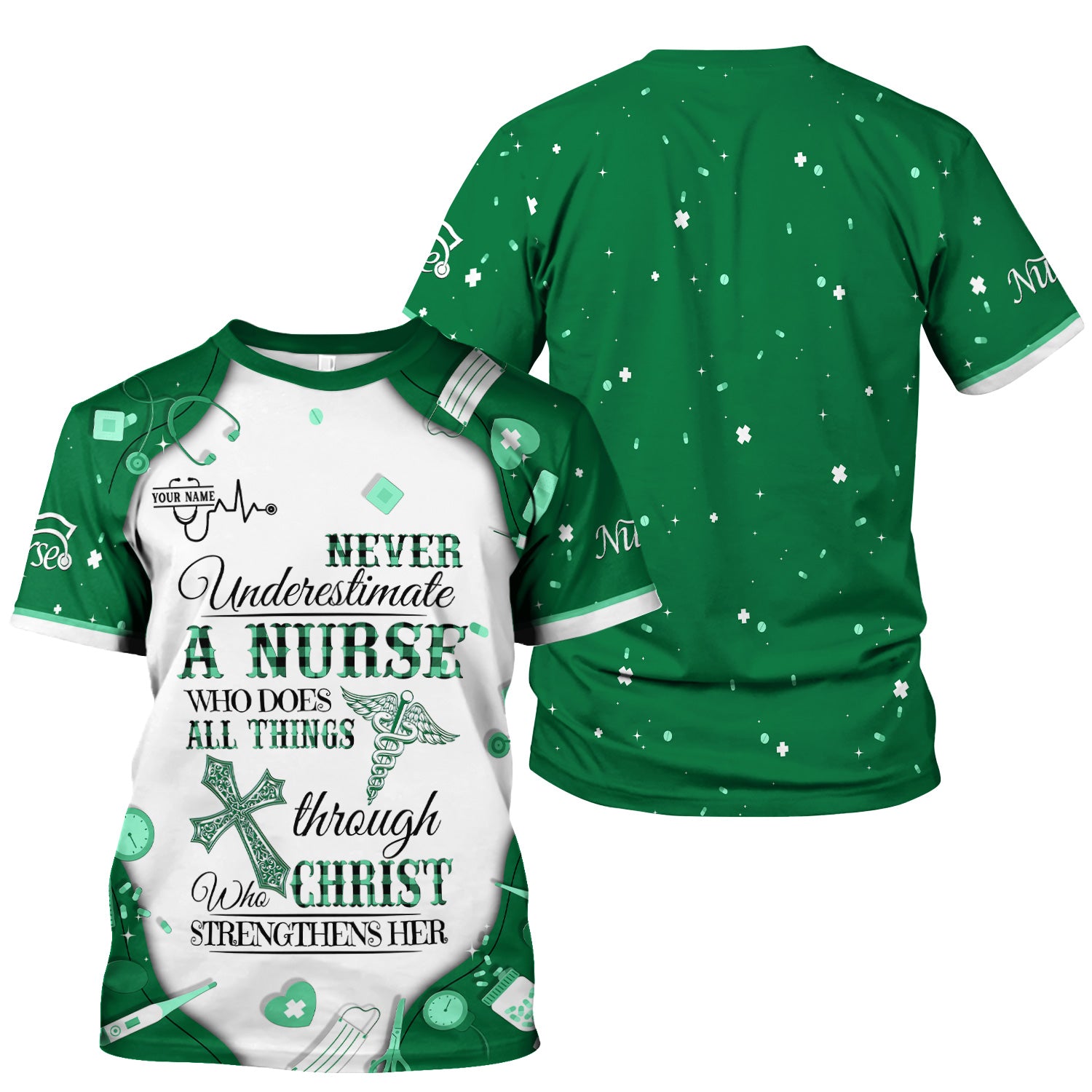 Faith-Based Personalized Nursing Scrub for Women - Bible Verse All Things Through Christ - Gift for RN, LPN, CNA Healthcare Professionals