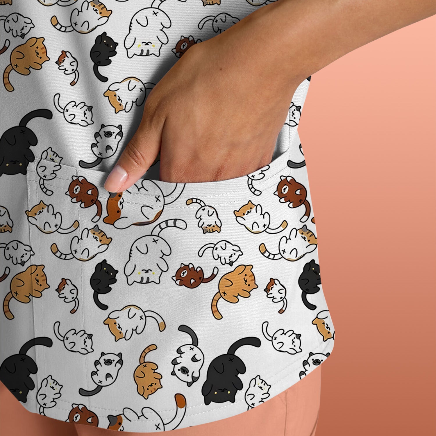 Funny Cat Scrub Top, Cute Cat Pattern Nurse Shirt For Women, Breathable Fabrics Nursing Uniform