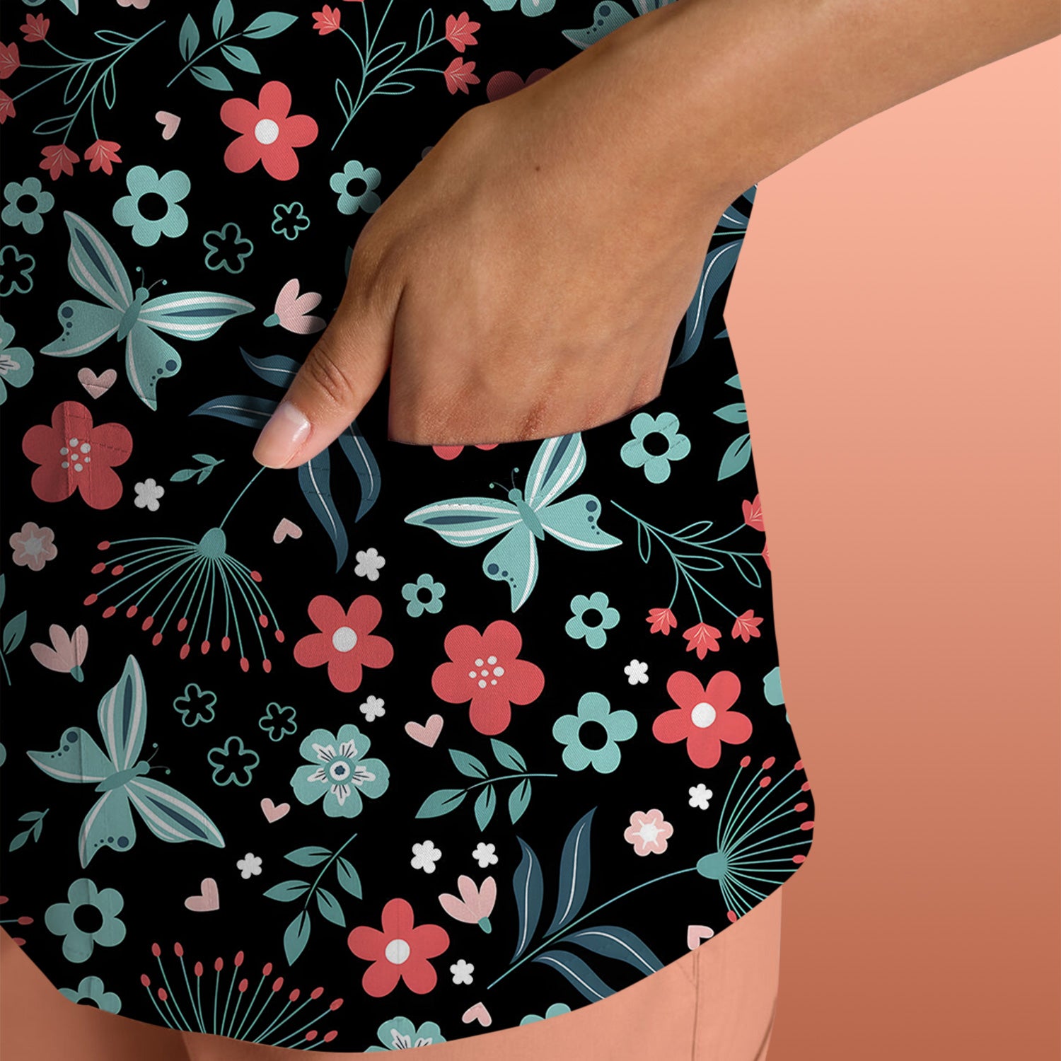 Cute Floral Butterfly Garden Print Scrub Top, Comfortable Scrubs for Nurses