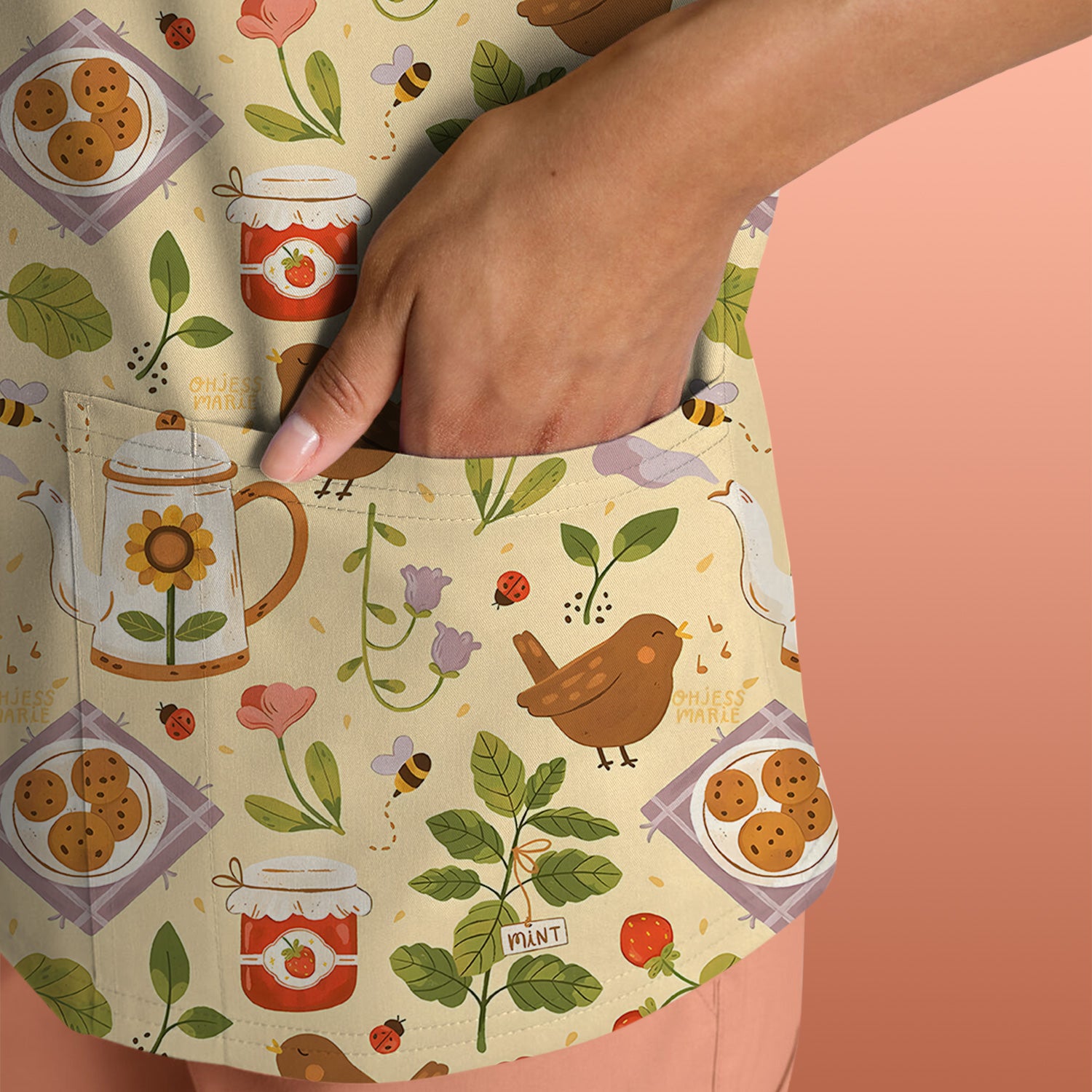 Cute Garden Tea Bird Strawberry Pattern Scrub Top, Comfortable Scrubs for Nurses