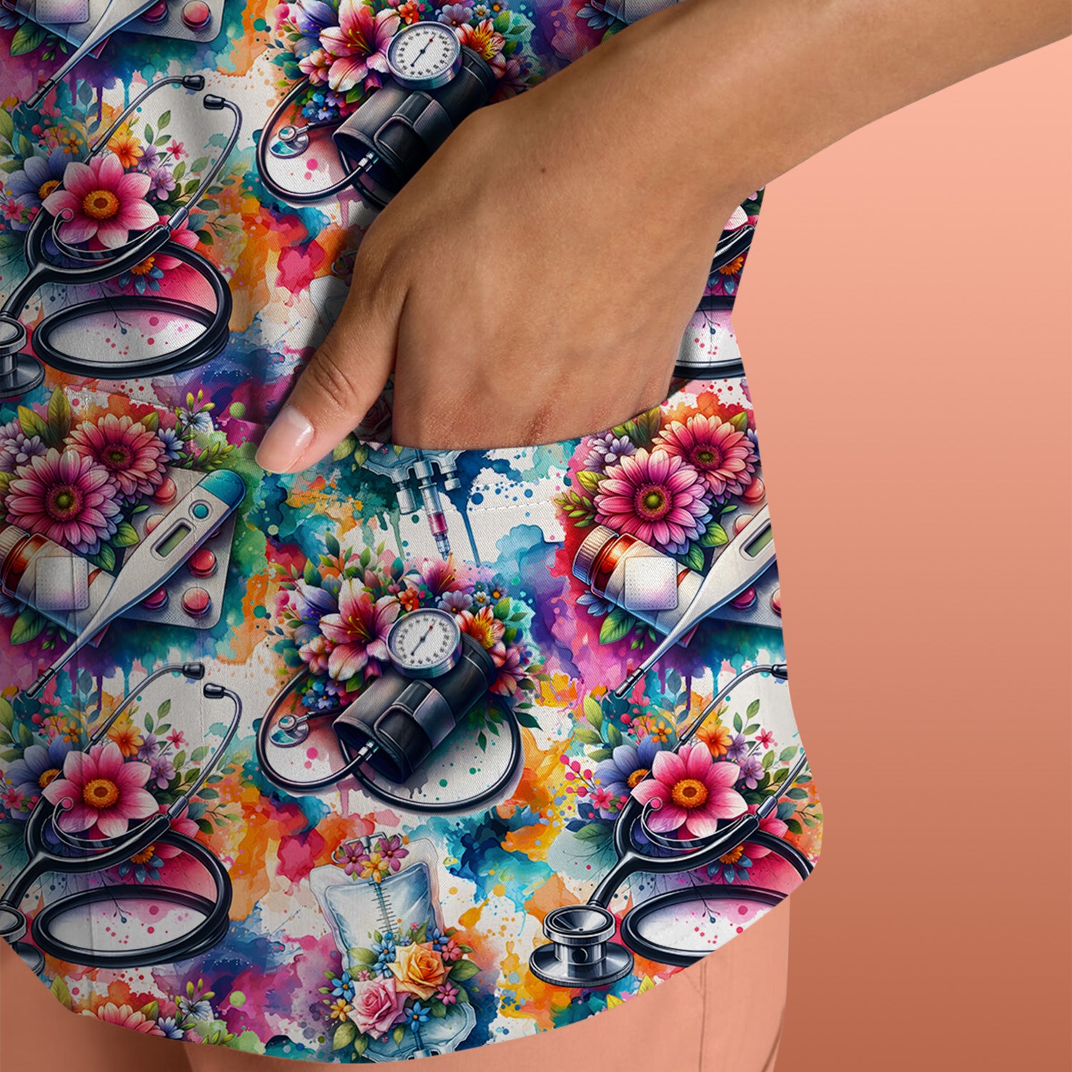 Colorful Medical Tools Floral Pattern Scrub Top, Comfortable Scrubs for Nurses