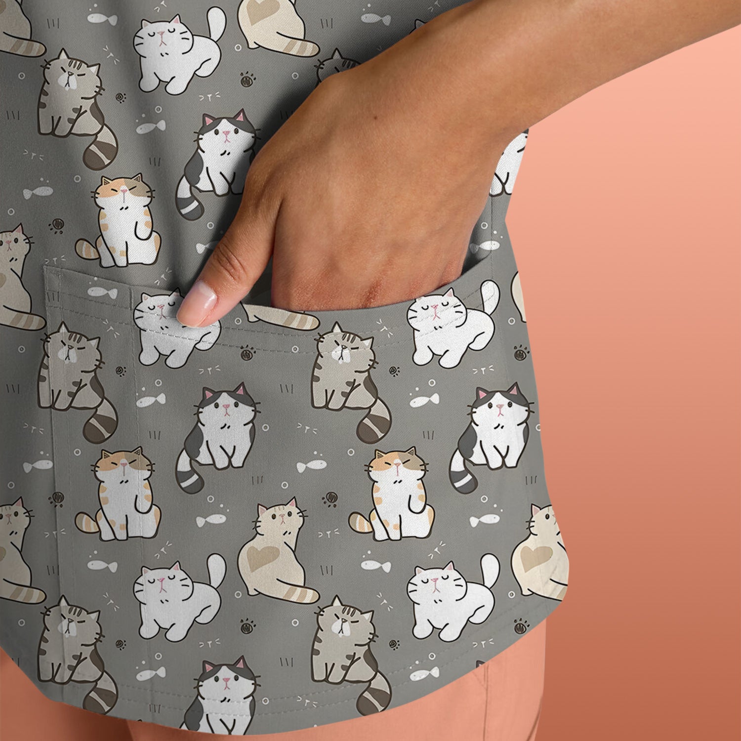 Pastel Cat Scrub Top, Cute Cat Pattern Nurse Shirt, Breathable Fabrics Nursing Uniform