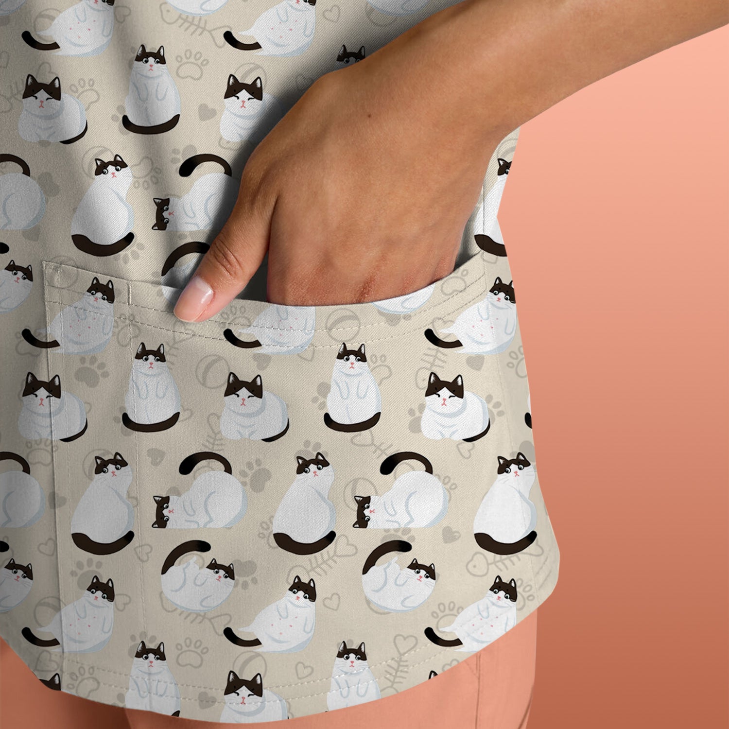 Cute Cat Pattern Medical Scrub Top, Breathable Fabrics Nursing Uniform