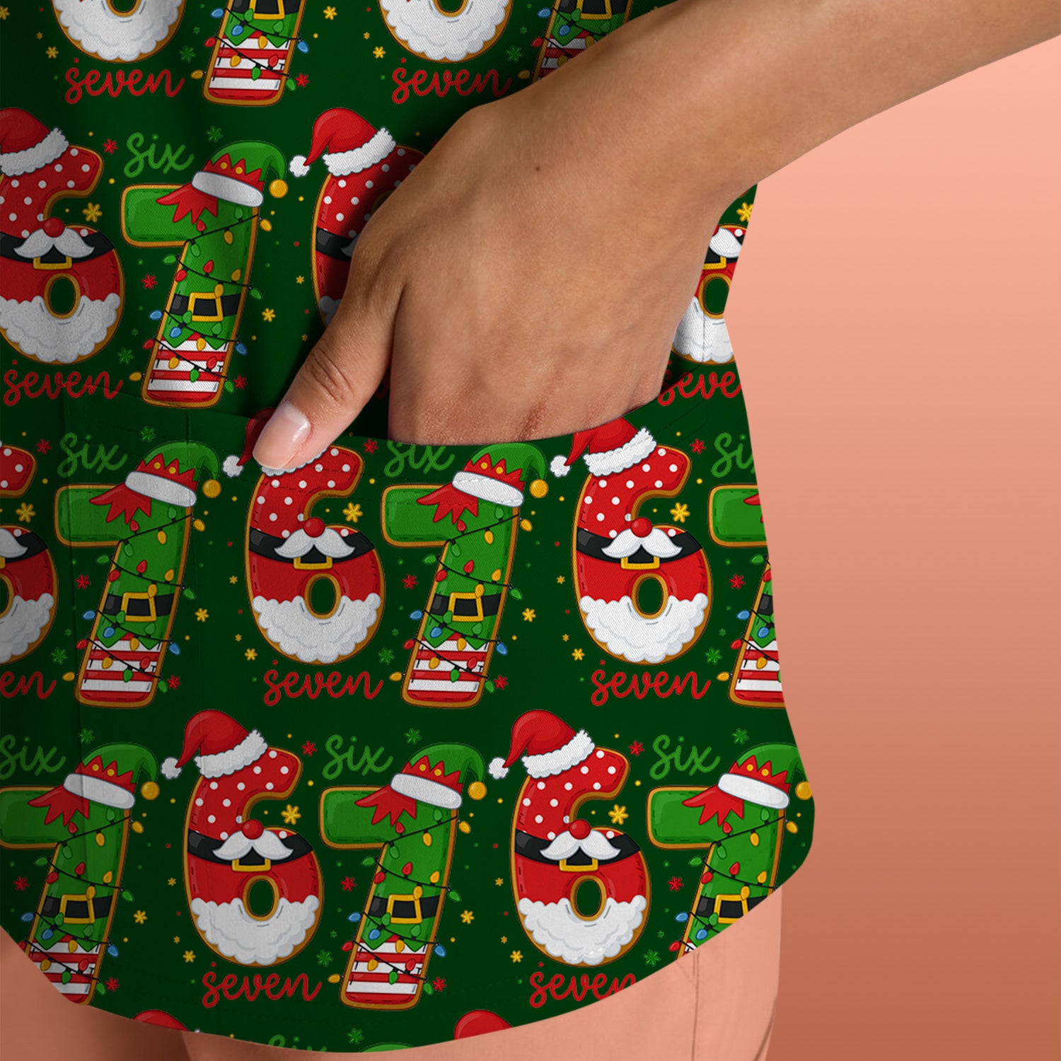 Christmas 67 Pattern Scrub Top, Festive Holiday Medical Uniform Shirt For Nursing