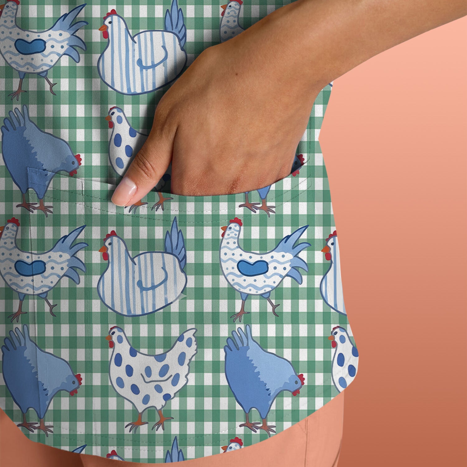 Blue Chicken Gingham Pattern Scrub Top, Comfortable Scrubs for Nurses