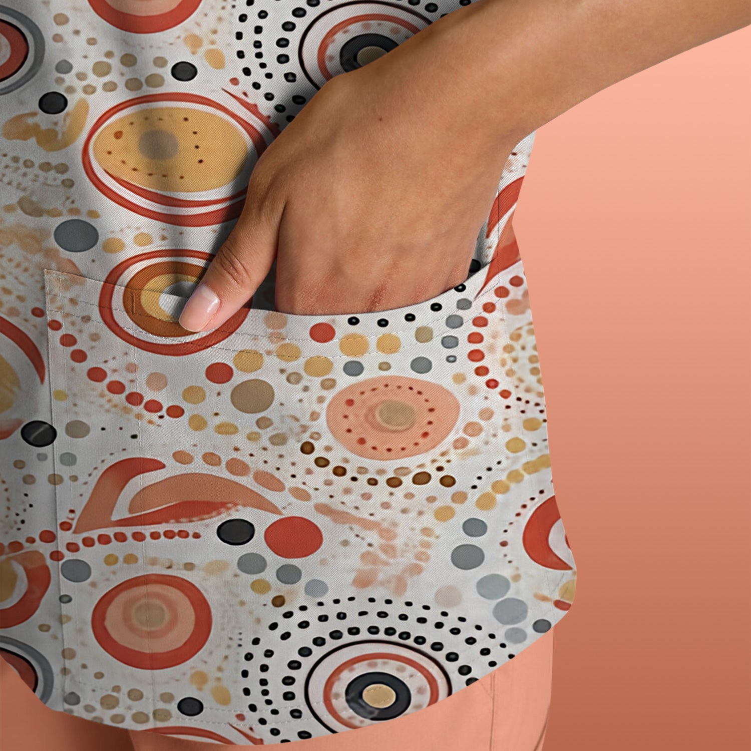 Abstract Earth Tone Dot Circle Pattern Scrub Top, Breathable Fabrics Nursing Uniform