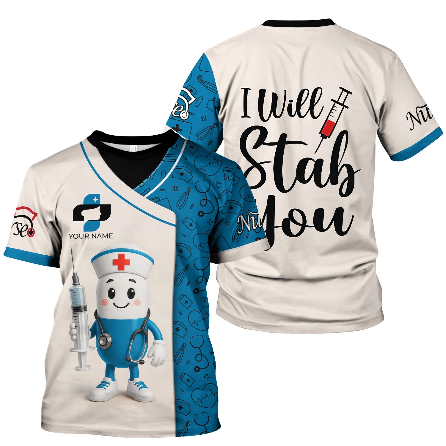 Personalized Medical Nurse Shirt - Cute Pill Cartoon Doctor with Syringe Stethoscope Design - Custom Name Gift for RN LPN CNA Multiple Color Options Available