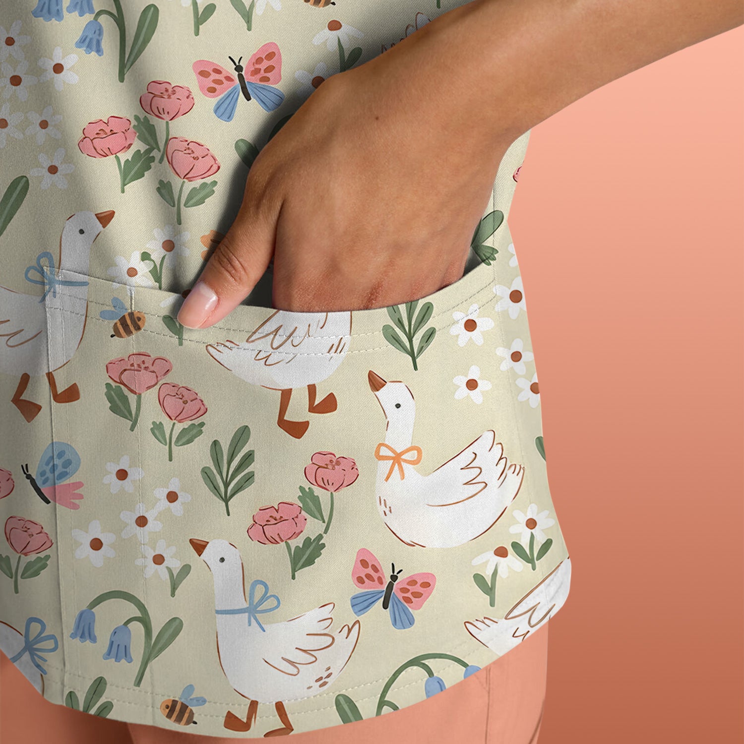 Cute Goose & Frog Garden Print Scrub Top, Comfortable Scrubs for Nurses