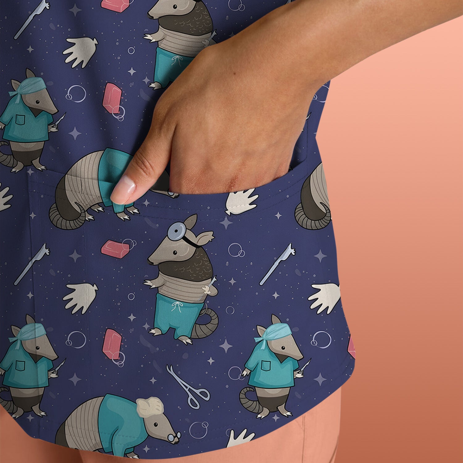Armadillo Doctor Medical Tools Pattern Scrub Top, Comfortable Scrubs for Nurses