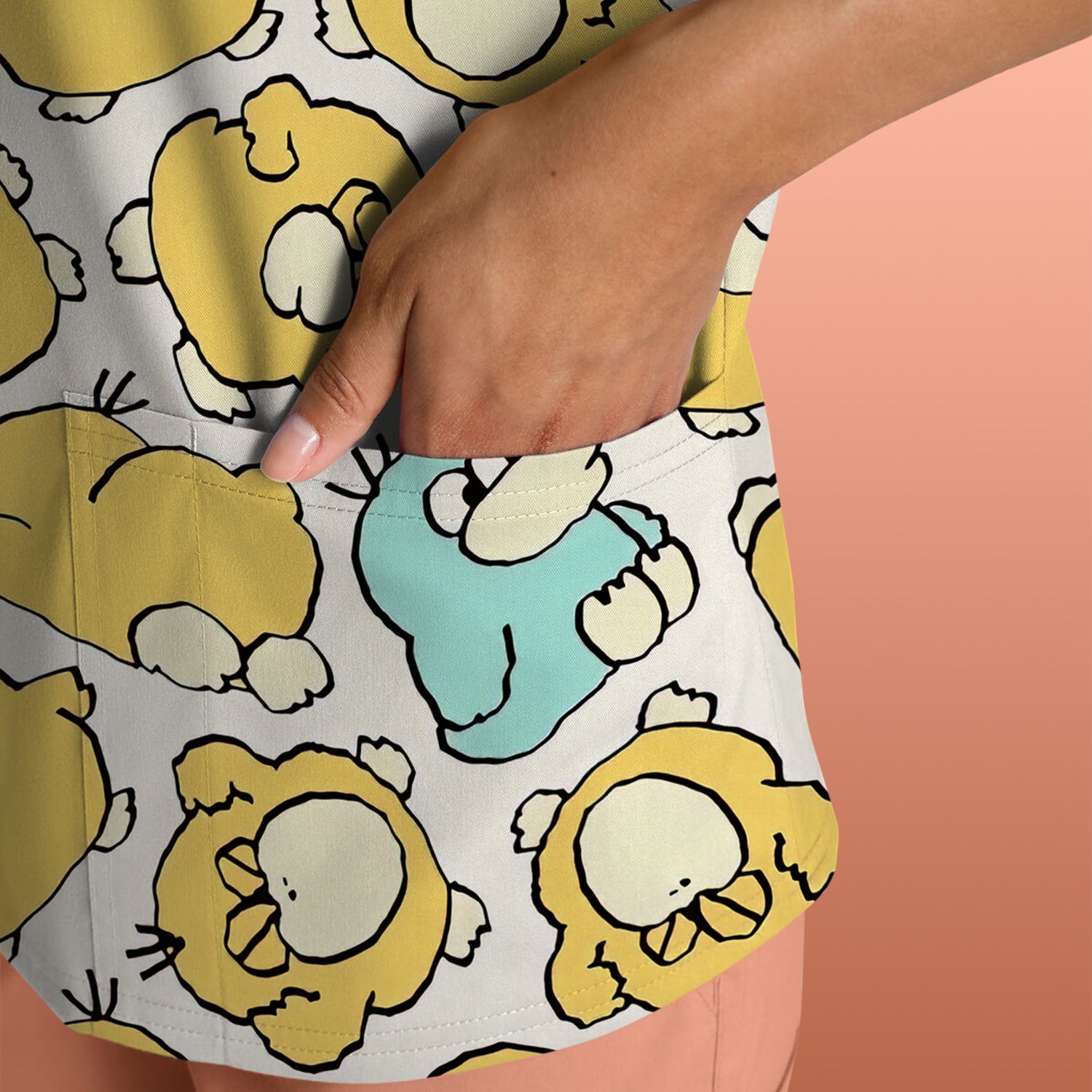 Funny Yellow Cartoon Duck Pattern Scrub Top, Comfortable Scrubs For Nurses