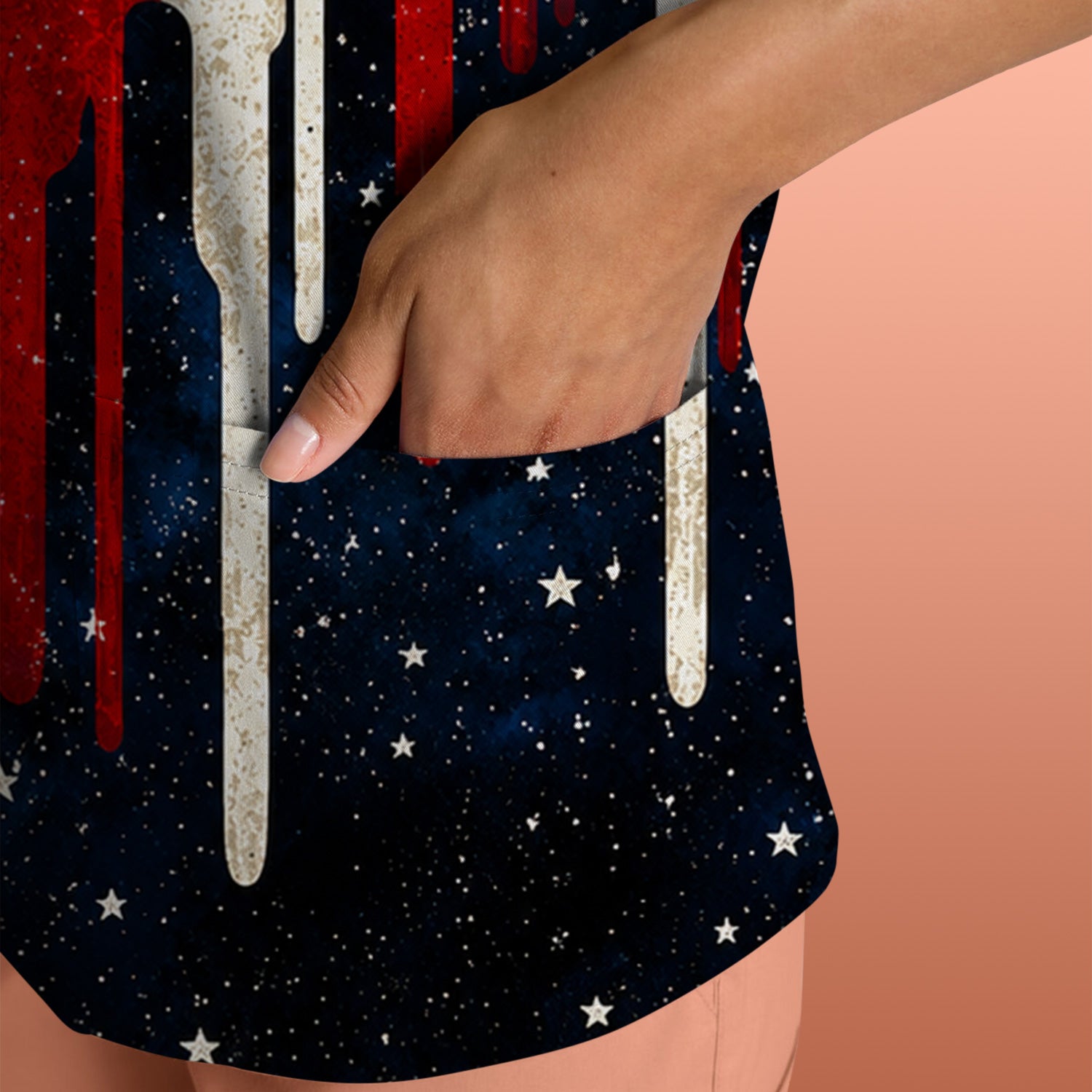 Festive Patriotic Dripping Flag Pattern Scrub Top, Comfortable Scrubs for Nurses
