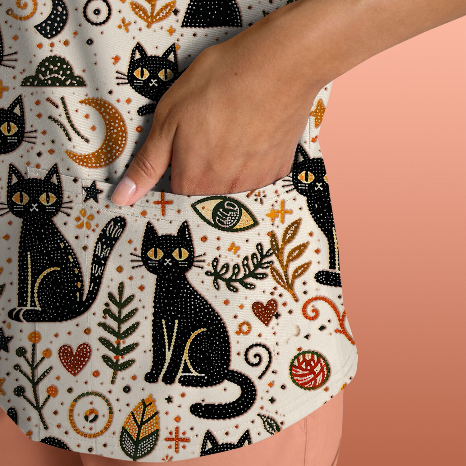 Mystic Black Cat Celestial Doodle Pattern Scrub Top, Comfortable Scrubs for Nurses
