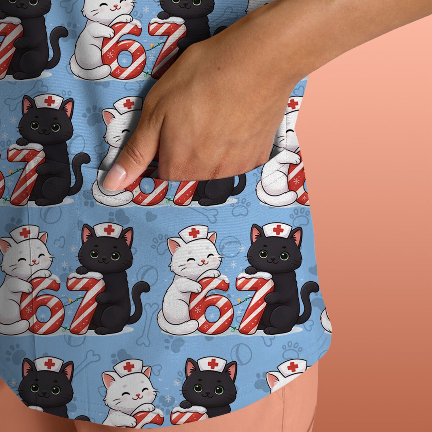 Xmas Cat Pattern Scrub Top, Christmas Nurse Six Seven With Cat Scrub Shirt, Breathable Fabrics Nursing Uniform
