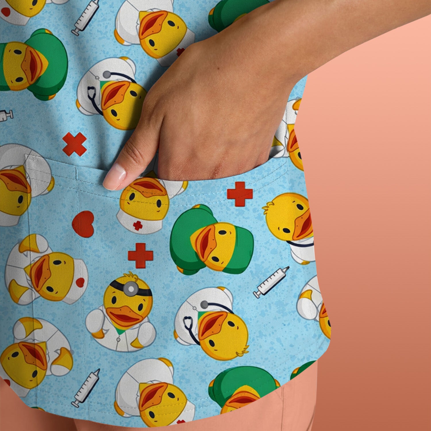 Duck Doctor Cartoon Pattern Scrub Top, Comfortable Scrubs for Nurses