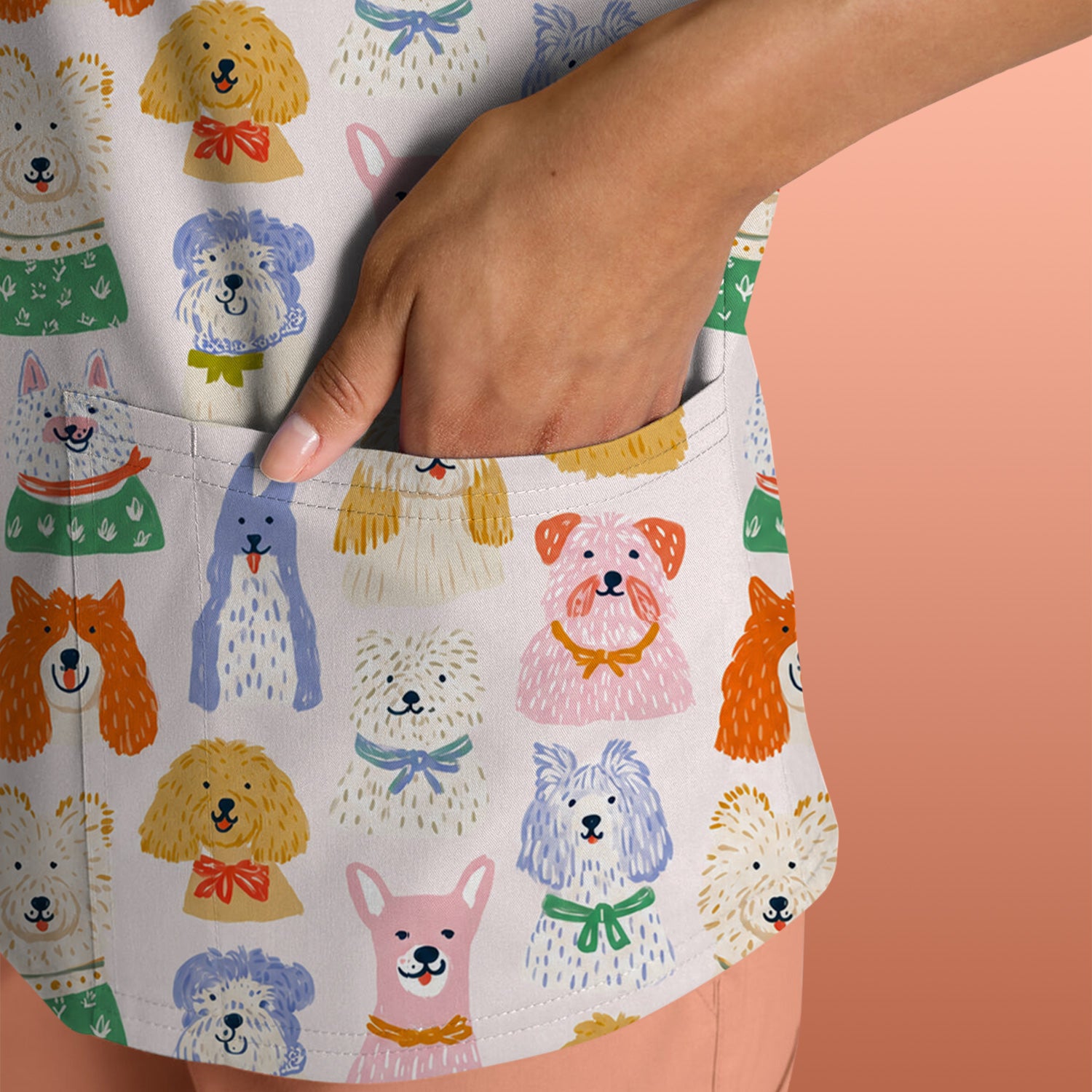 Colorful Dog Faces Cartoon Pattern Scrub Top, Comfortable Scrubs for Nurses