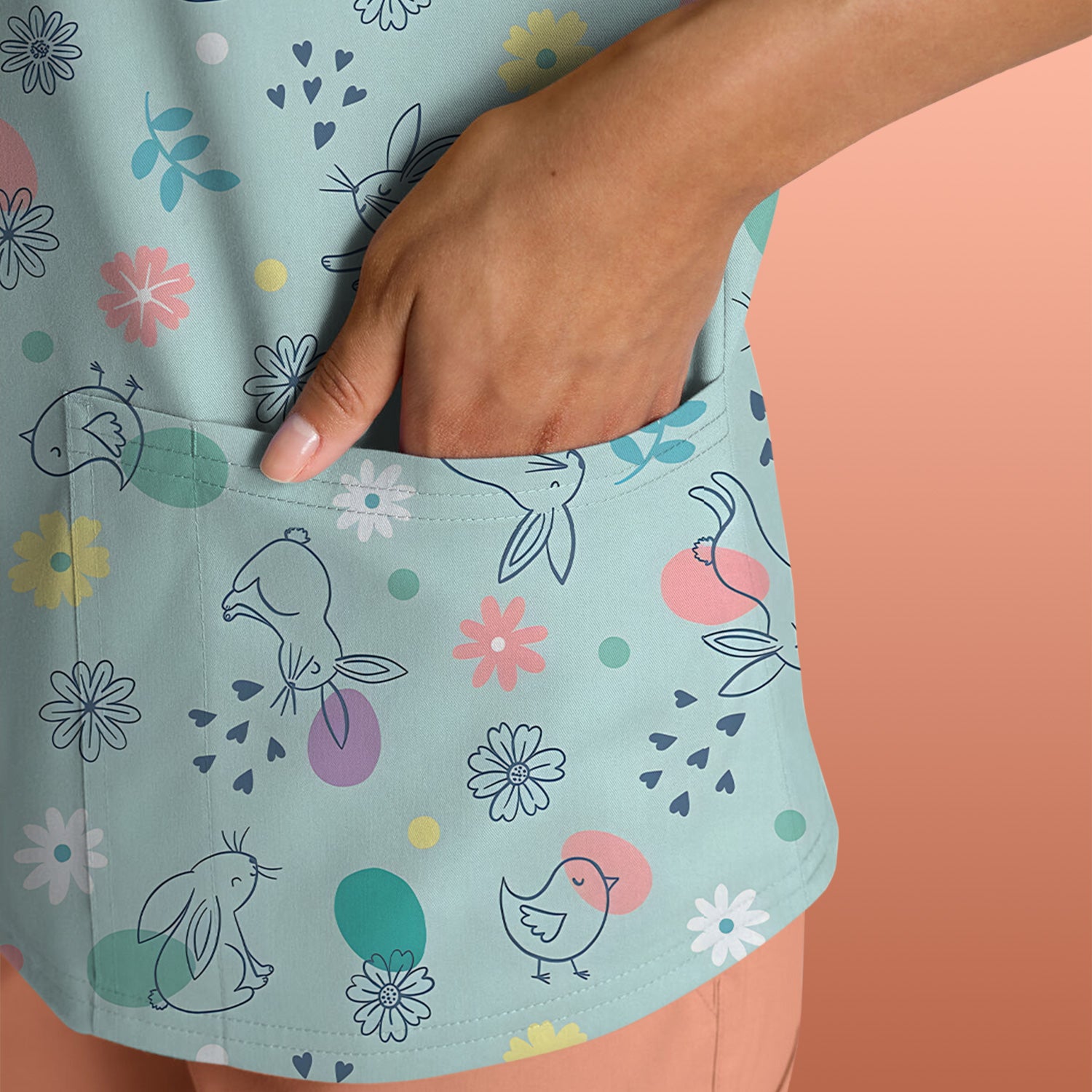 Whimsical Easter Bunny Eggs Pattern Scrub Top, Comfortable Scrubs for Nurses