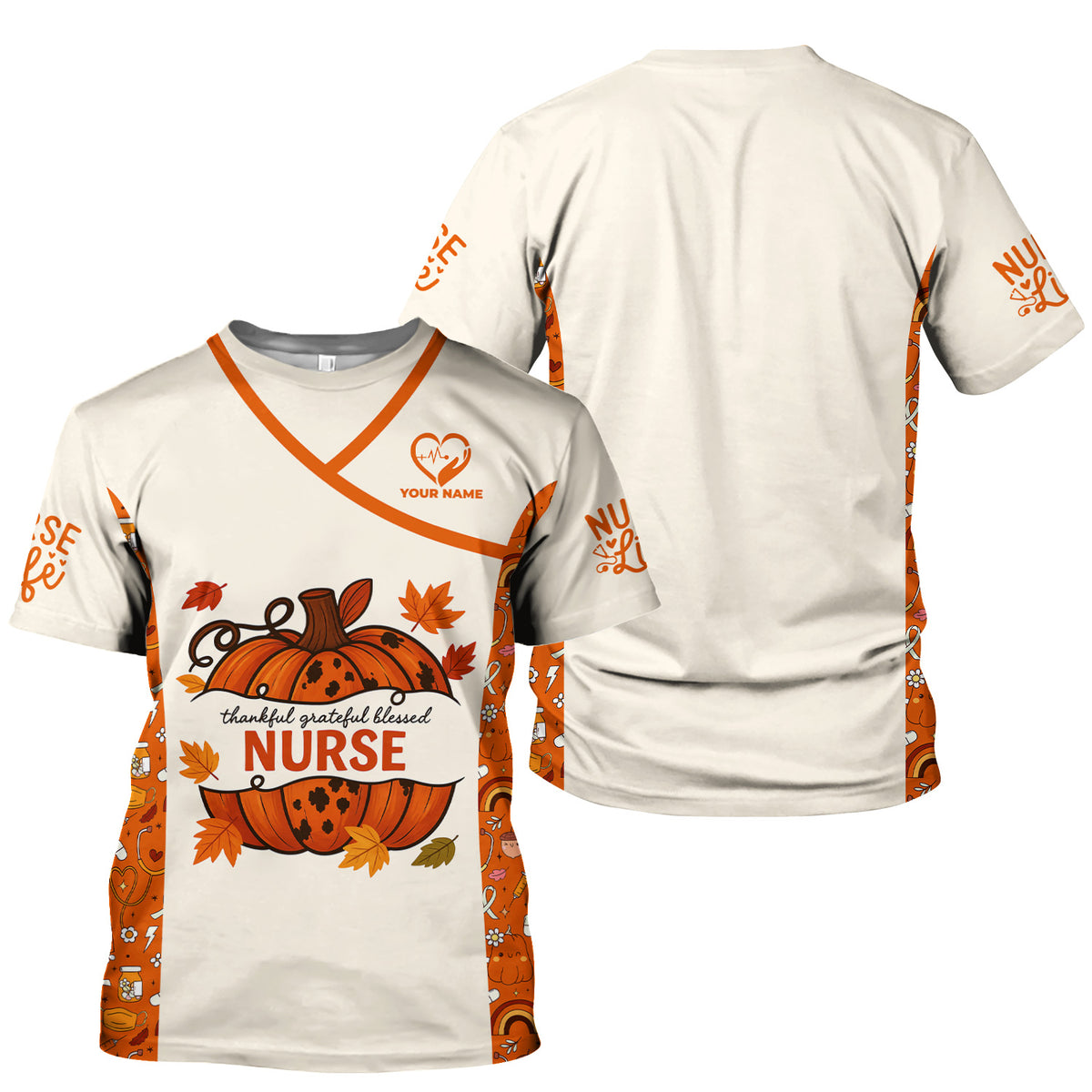 Thankful Grateful Blessed Nurse Scrub Top - Fall Pumpkin Thanksgiving Shirt - Personalized Autumn Gift for Women RN CNA LPN