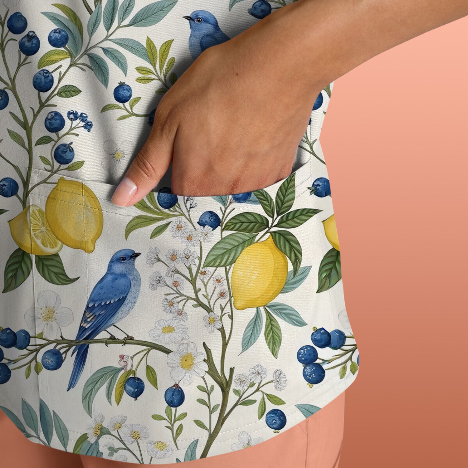 Cute Bluebird Lemon Berry Pattern Scrub Top, Comfortable Scrubs for Nurses