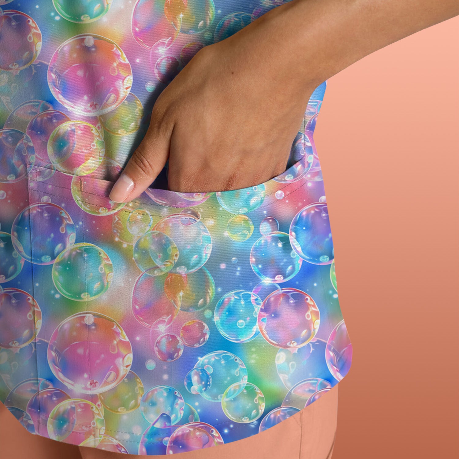Colorful Floating Soap Bubble Pattern Scrub Top, Breathable Fabrics Nursing Uniform