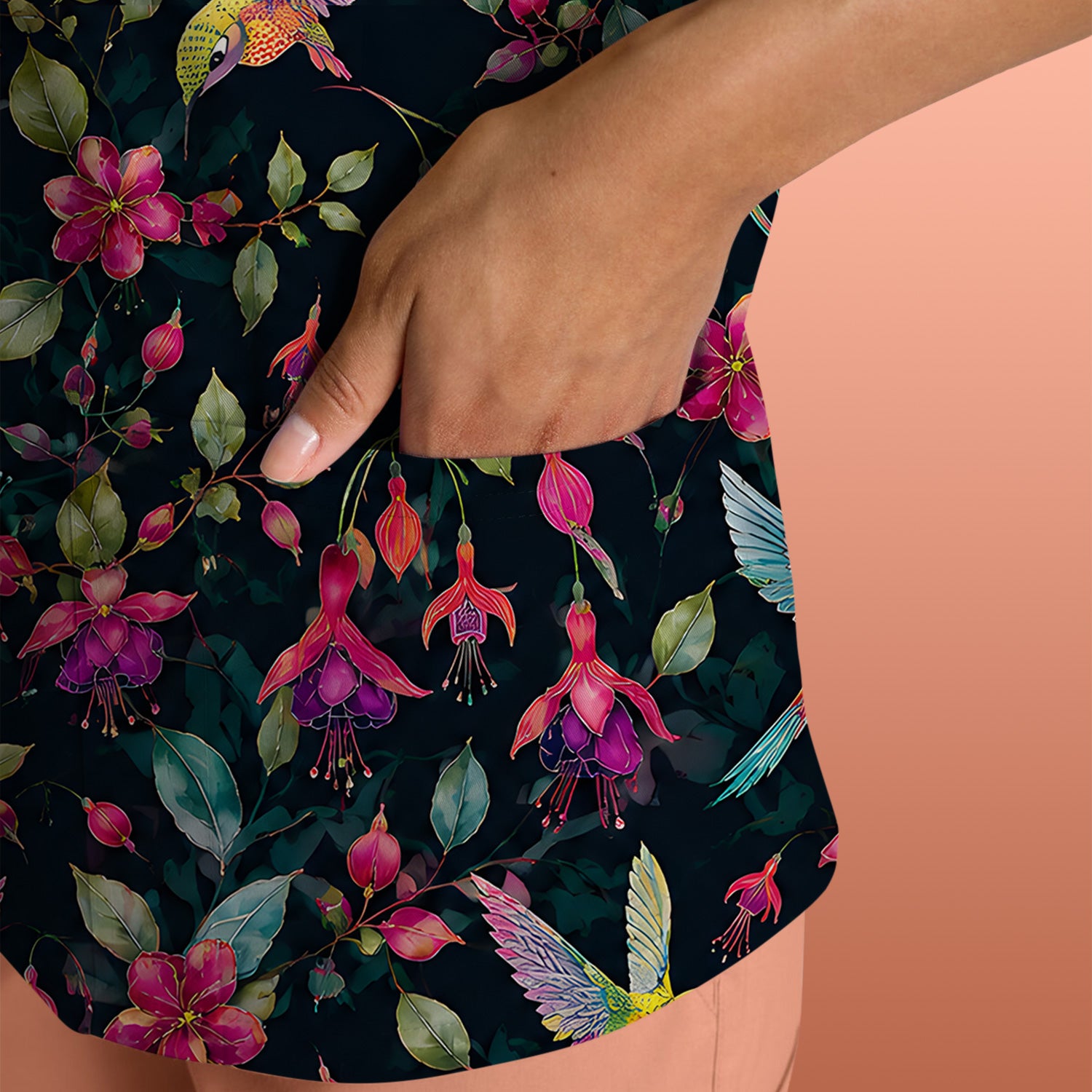 Hummingbird Fuchsia Bloom Pattern Scrub Top, Comfortable Scrubs for Nurses