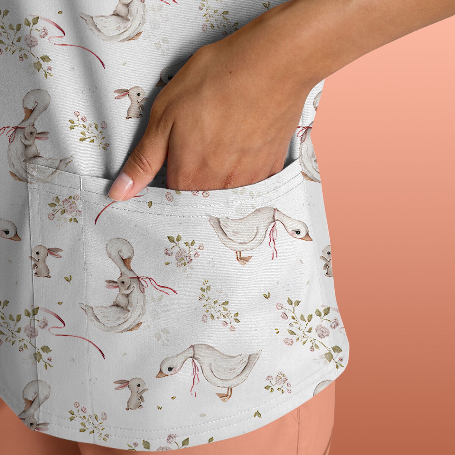 Cute Duck Bunny Floral Print Scrub Top, Breathable Fabrics Nursing Uniform, Easter