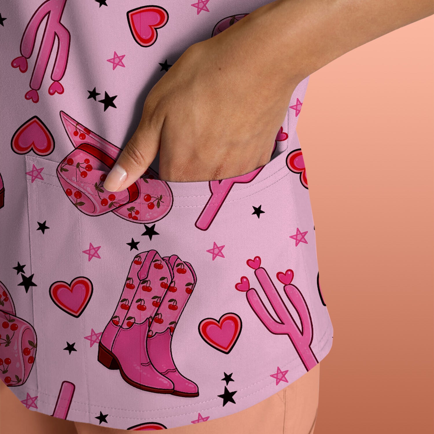 Pink Cowgirl Western Boots Hat Pattern Scrub Top, Breathable Medical Uniform Top