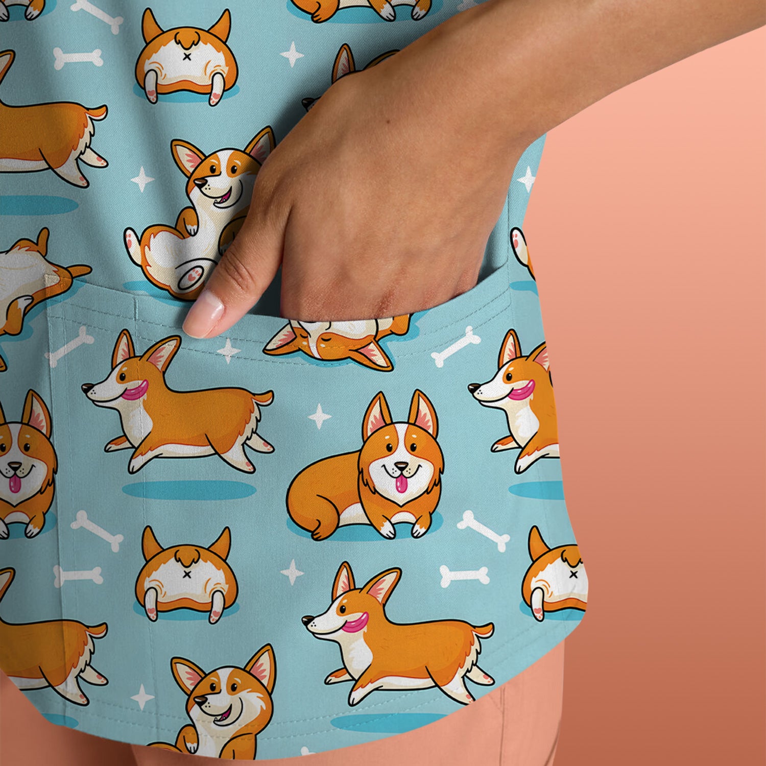 Corgi Dog Playing Rolling Bone Pattern Scrub Top, Breathable Fabrics Nursing Uniform