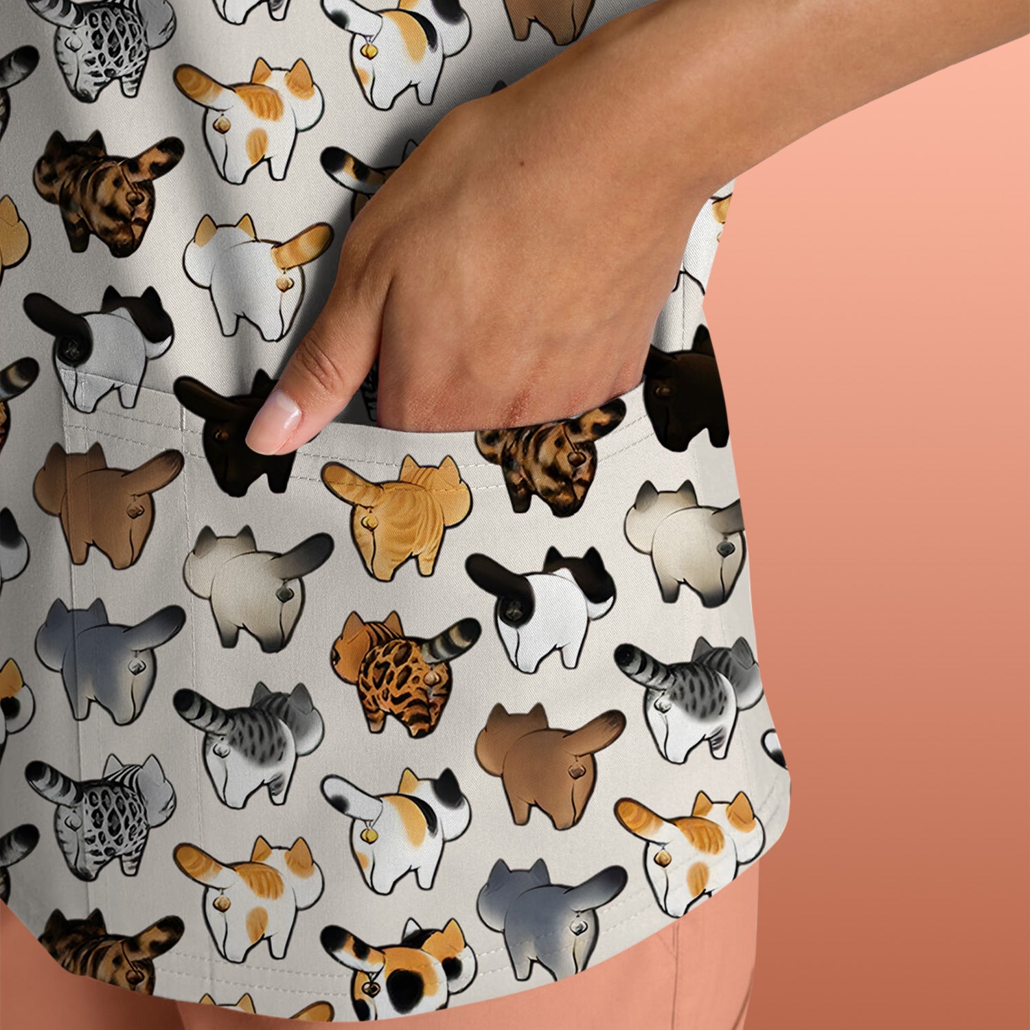 Cat Butt Pattern Medical Scrub Top, Breathable Fabrics Nursing Uniform