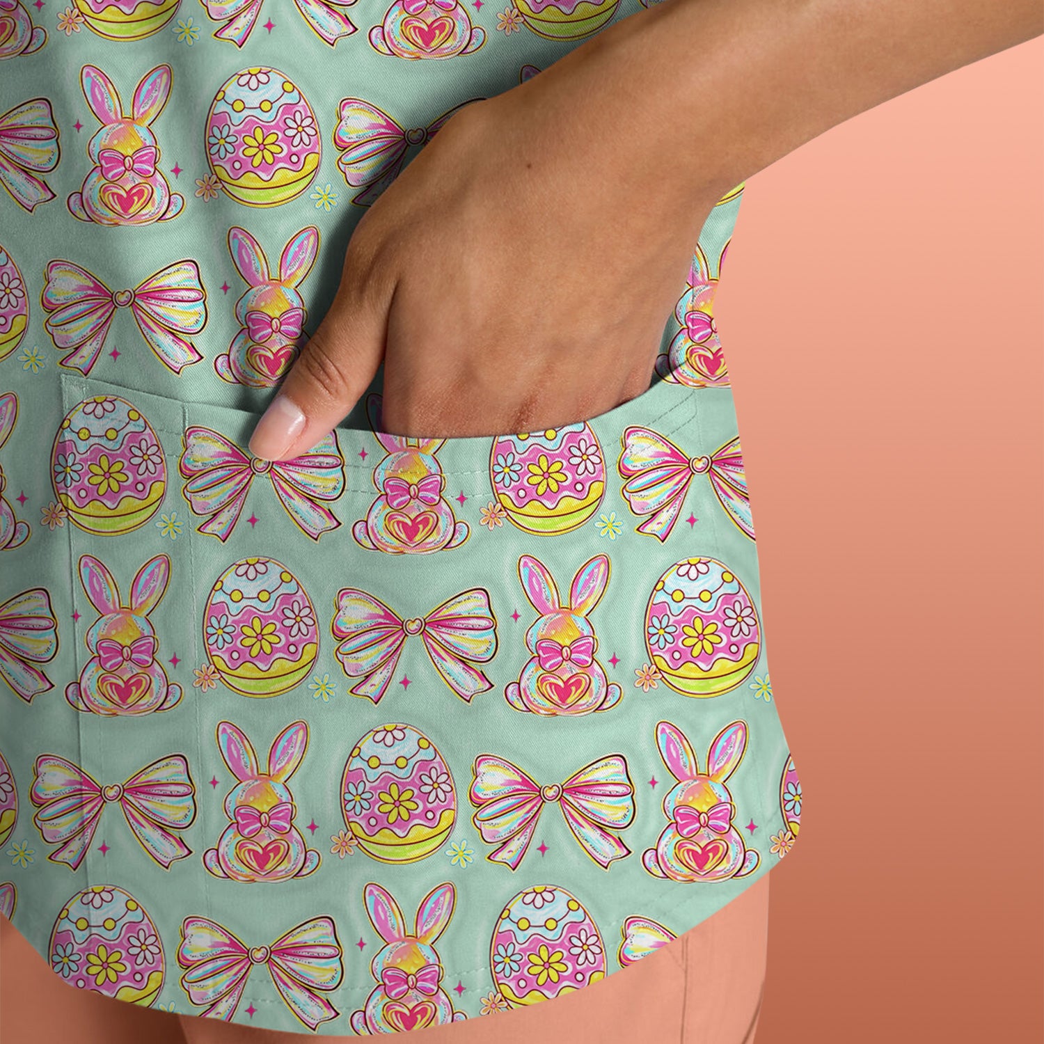 Easter Bunny Pastel Egg Bow Pattern Scrub Top, Breathable Fabrics Nursing Uniform