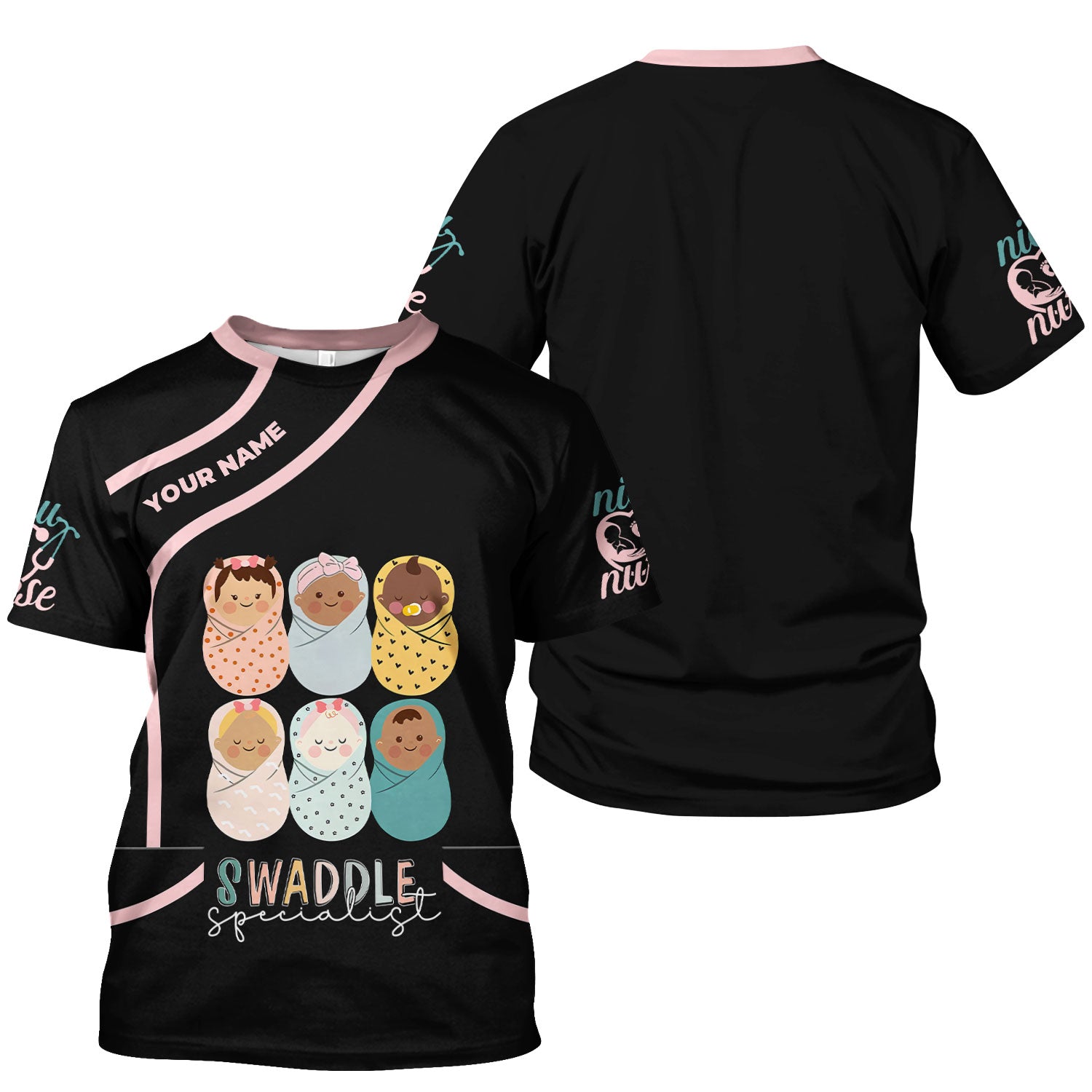 Swaddle Specialist Scrub Top - Cute NICU Nurse Shirt with Baby Design - Personalized Gift for Women RN CNA LPN Nursery Staff