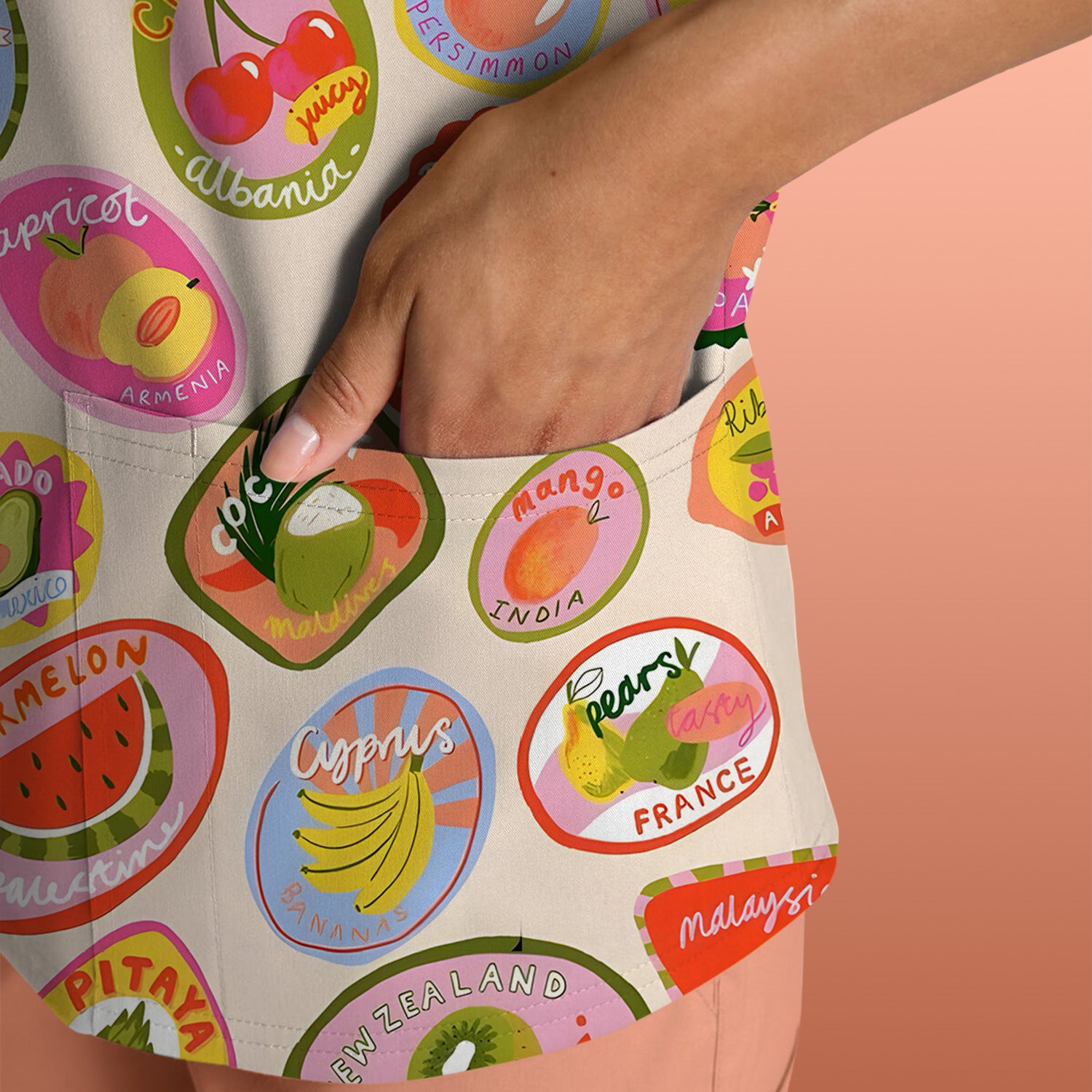 Summer Colorful Fruit Sticker Pattern Scrub Top, Comfortable Scrubs For Nurses
