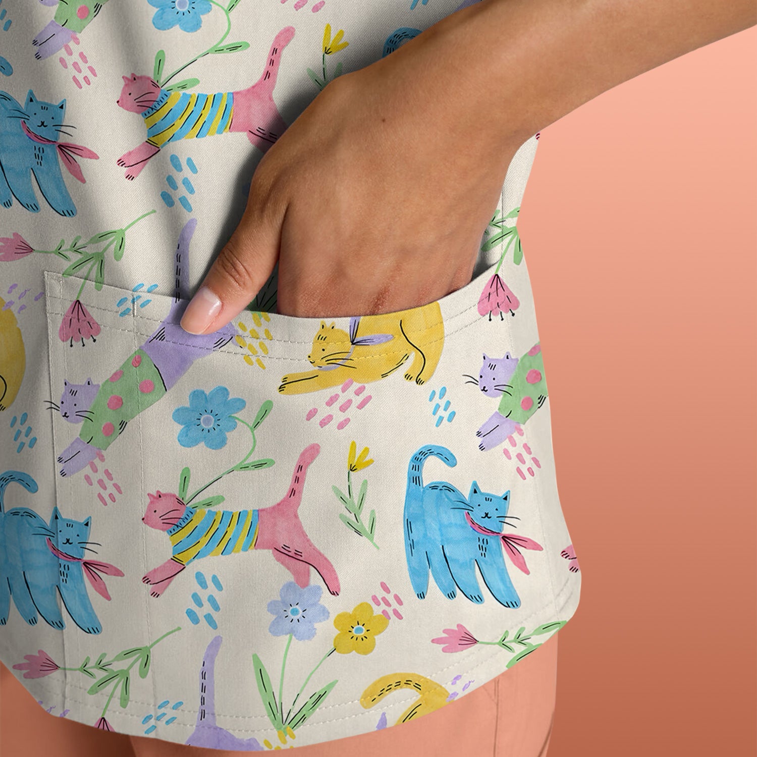 Cute Colorful Cat Floral Pattern Scrub Top, Comfortable Scrubs For Nurses
